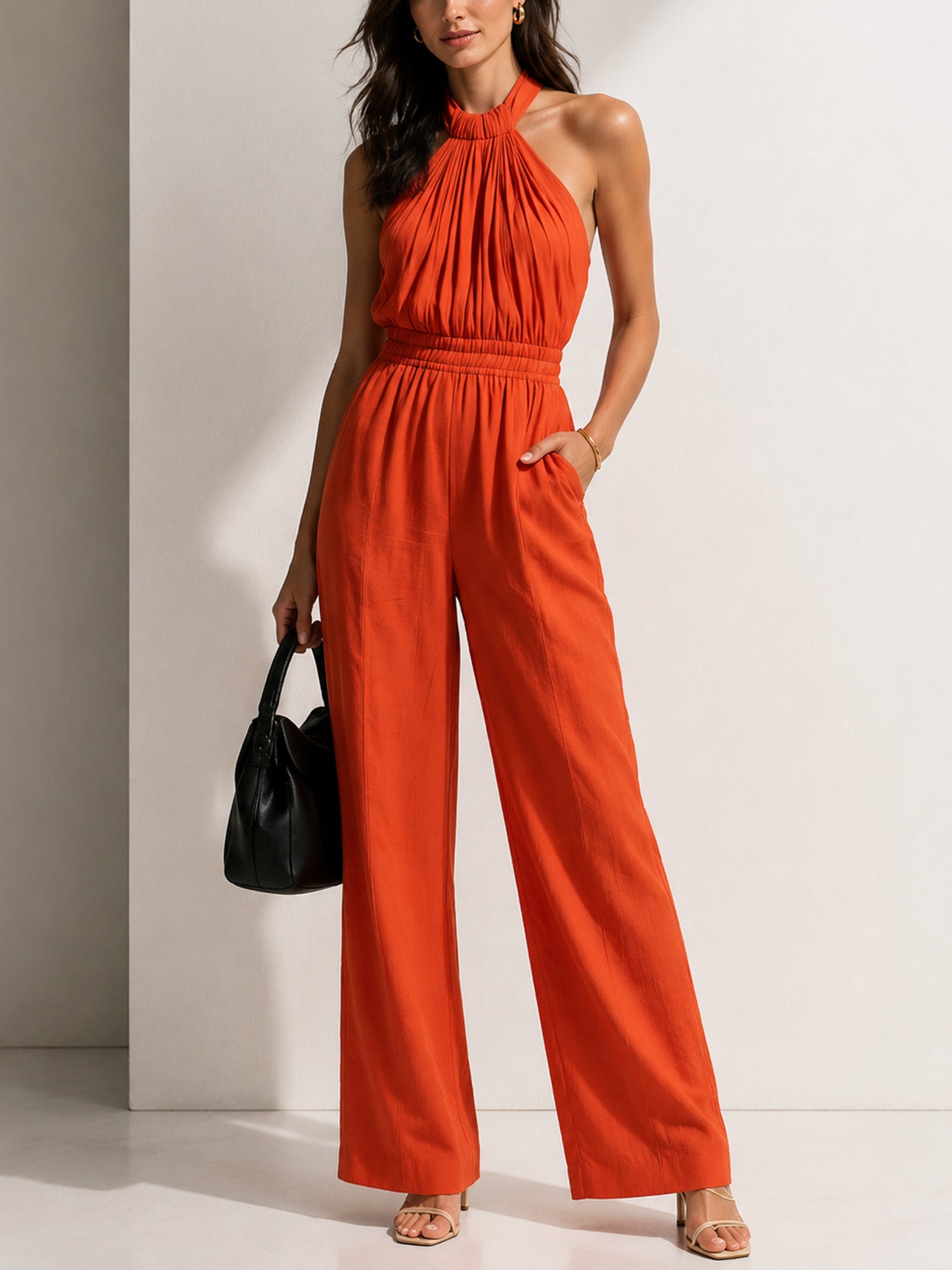 Liserie Sunset Orange Pleated Halter Wide-Leg Jumpsuit