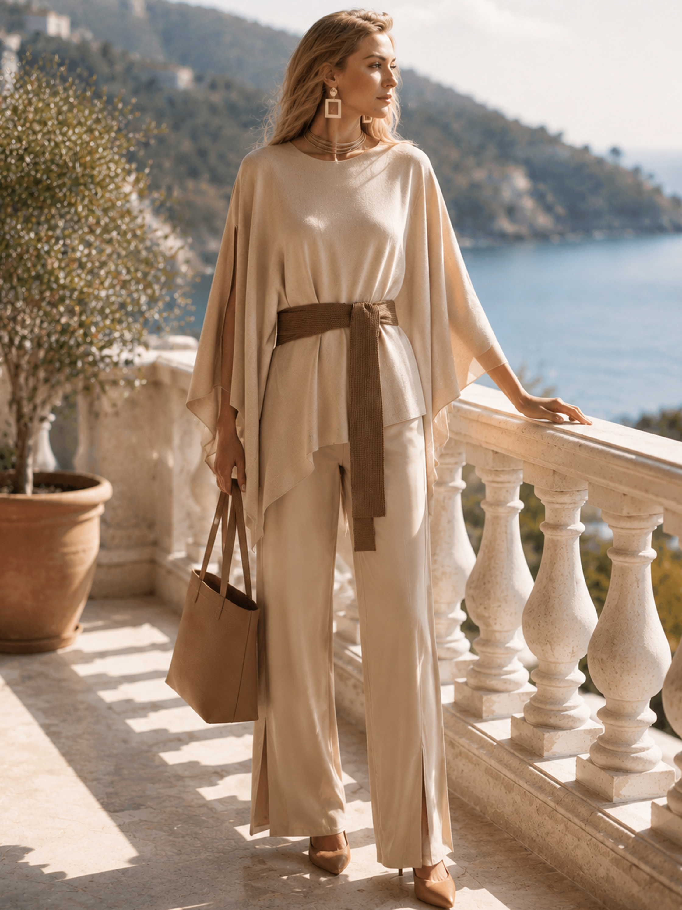 Cape Sleeve Knit Top with Belted Wide Leg Pants Set