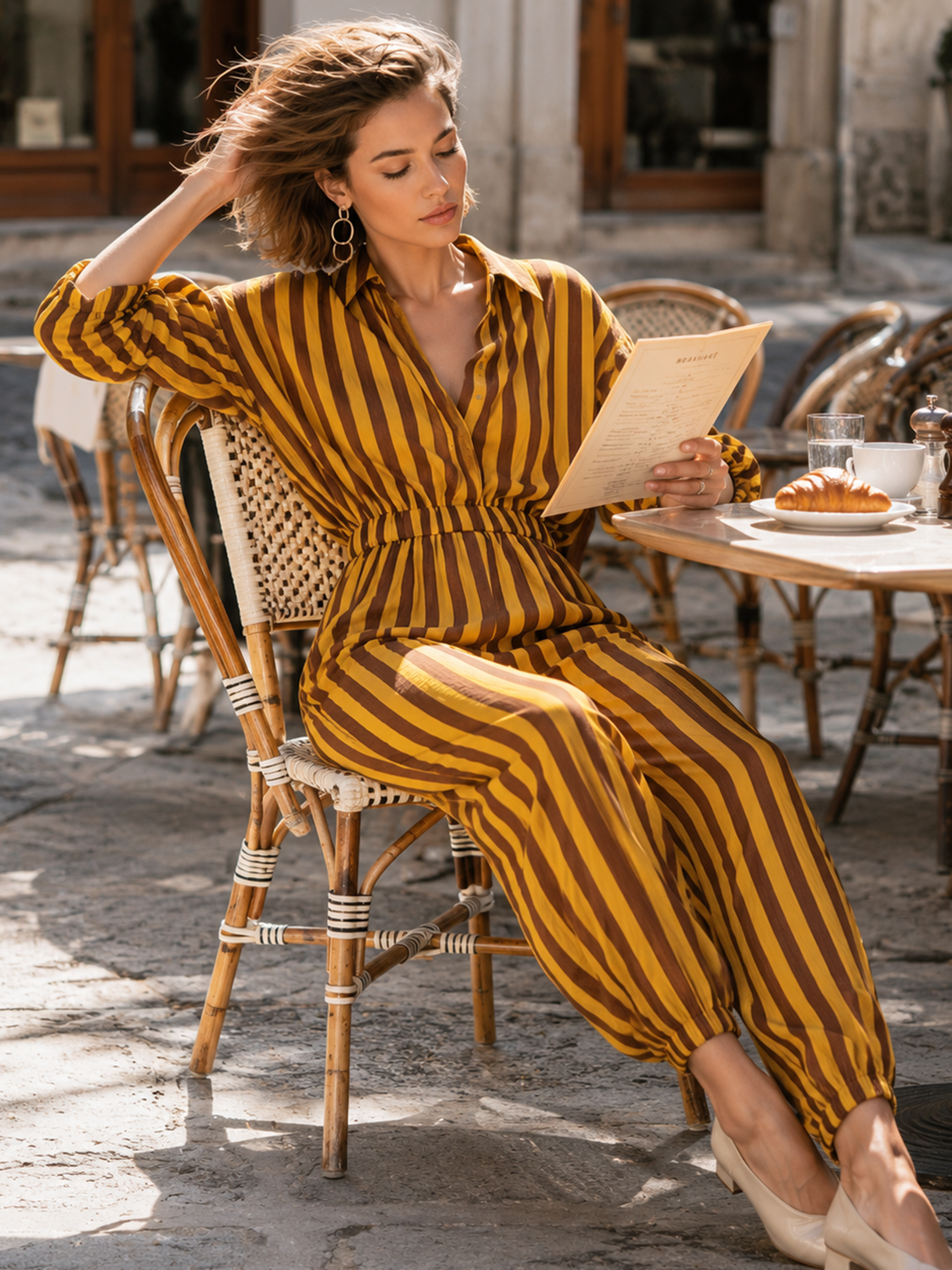 Elegant Tencel Linen Yellow Brown Stripe Collared Elastic Waist Wide Leg Jumpsuit