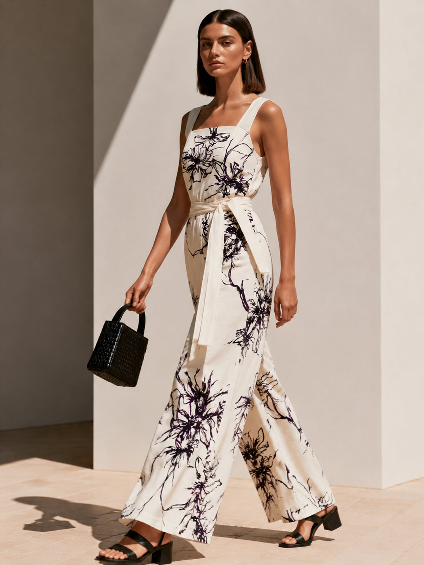 Liserie Floral Square Neck Sleeveless Jumpsuit