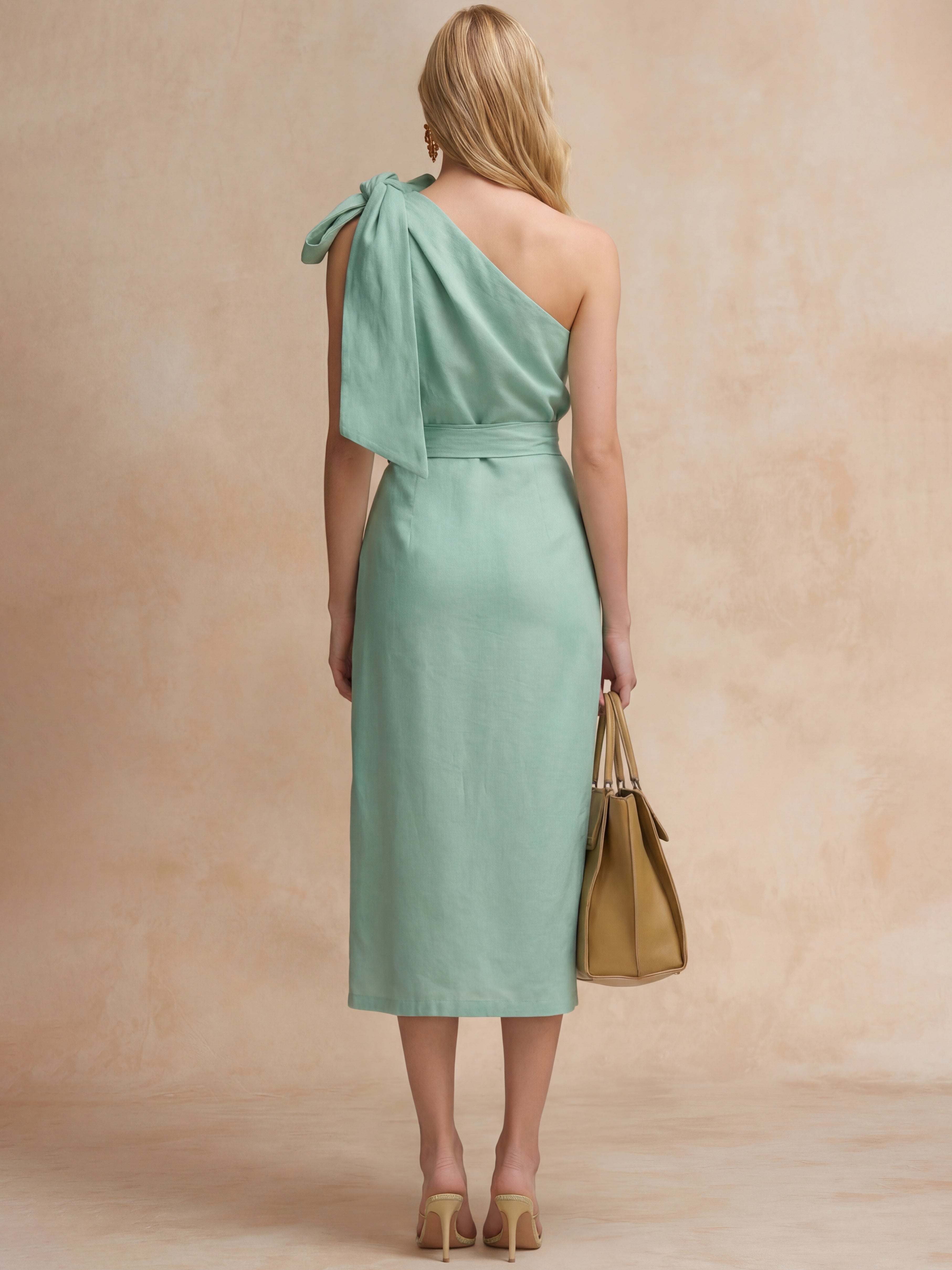 Liserie Cotton Linen Asymmetric Neckline Office Midi Dress