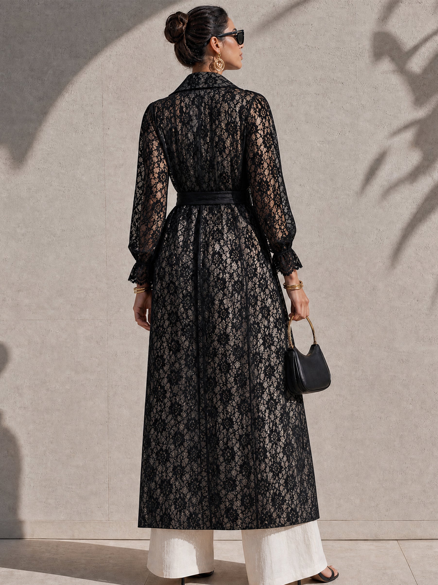 Black Floral Lace Balloon Sleeve Long Trench Coat