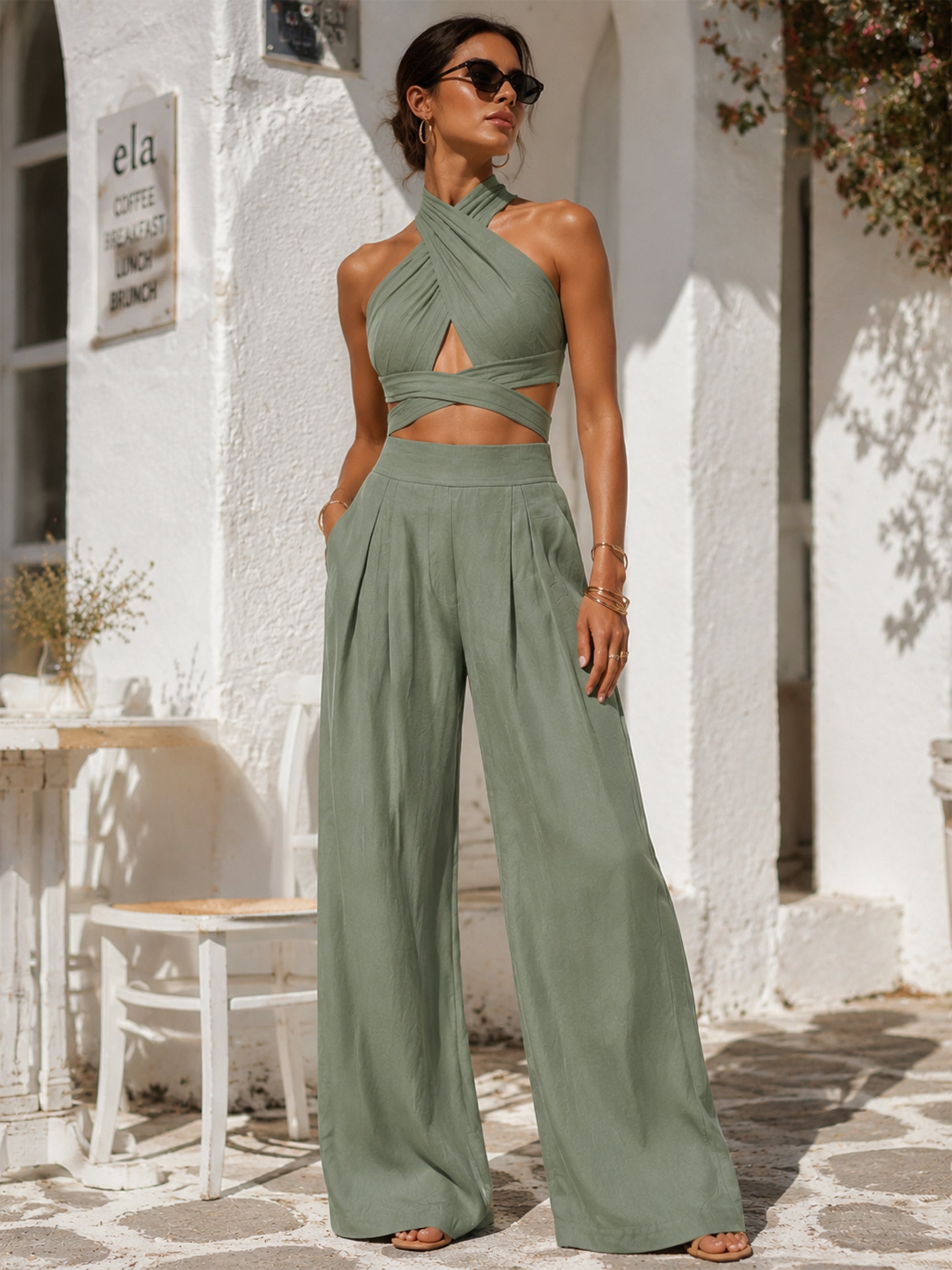 Liserie Cobalt Blue Linen Halter Crop Top & High-Waisted Wide Leg Pants Set