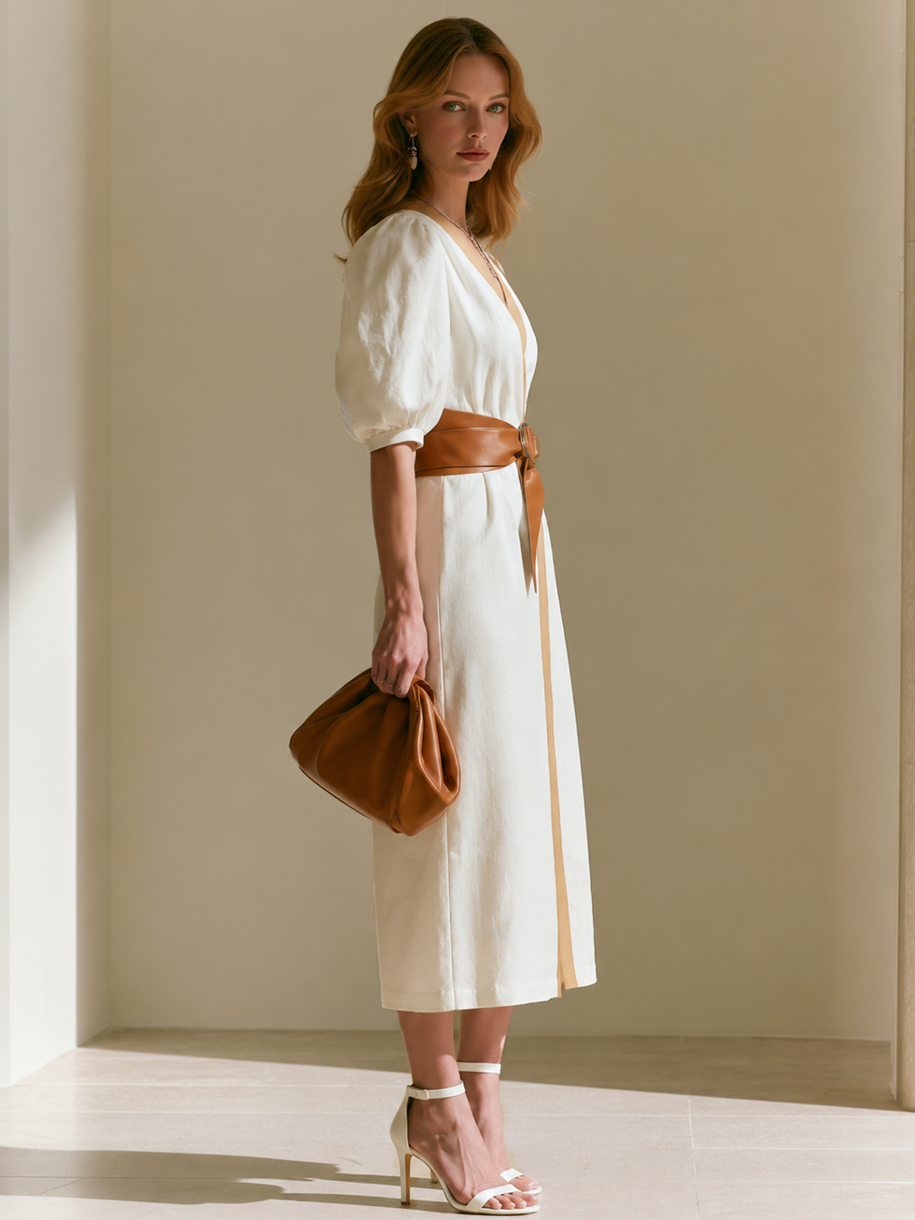 Elegant White Linen Blend Puff Sleeve Midi Dress