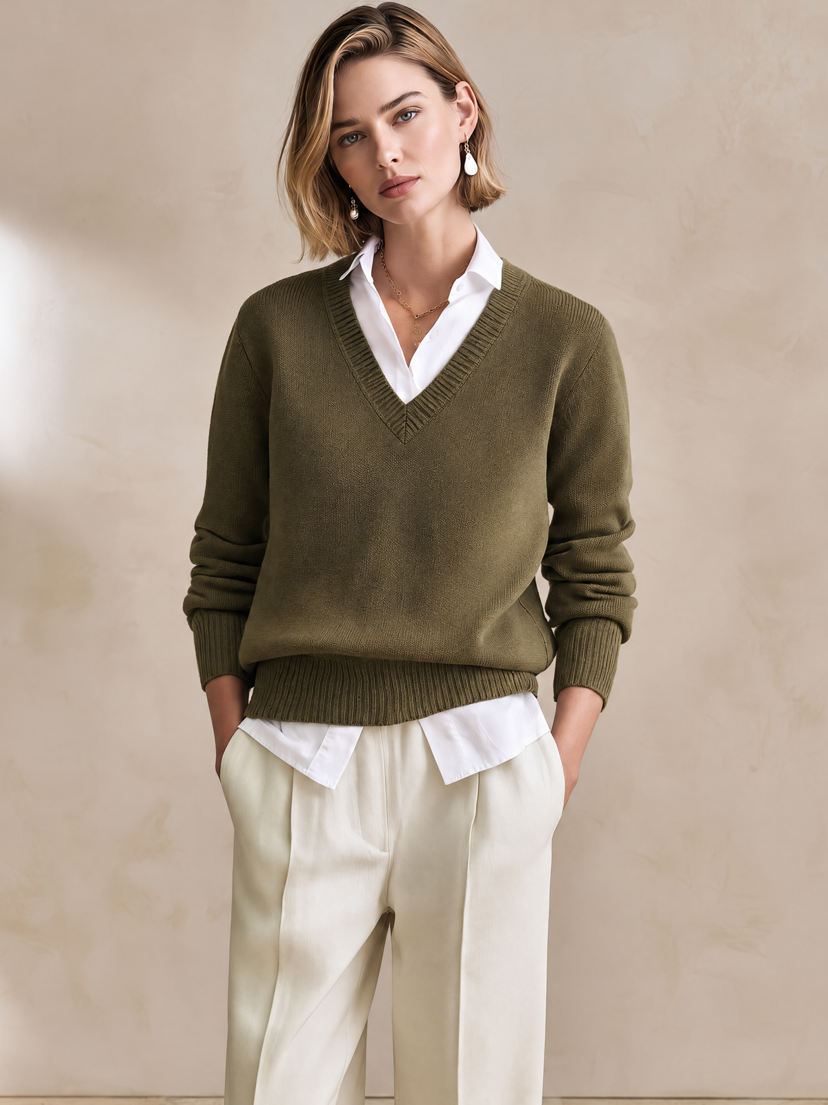 Elegant Olive Green V-Neck Knit Top With White Shirt Collar Layered Detail