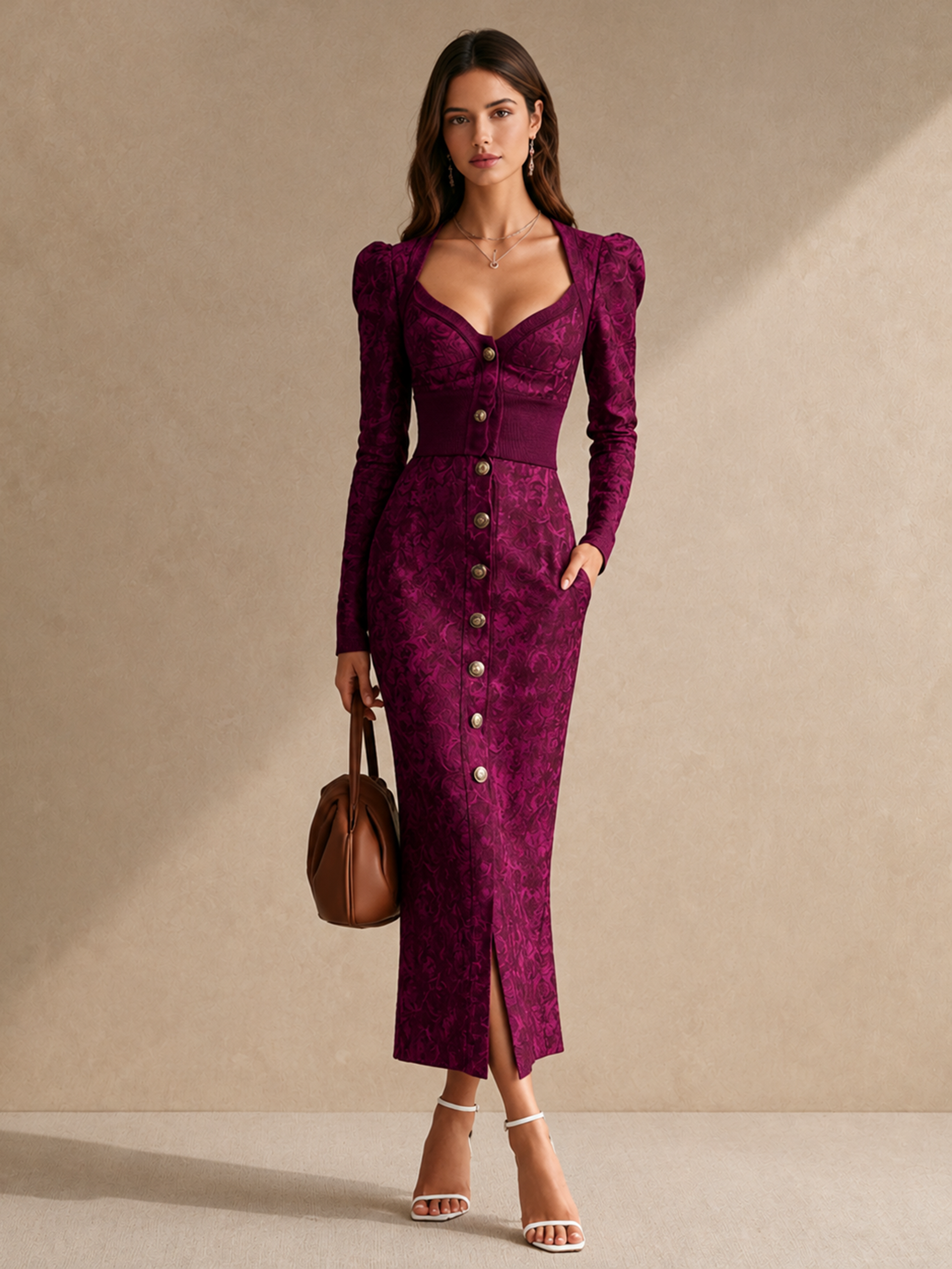 Elegant Berry Purple Jacquard Sweetheart Neck Long Sleeve Midi Dress