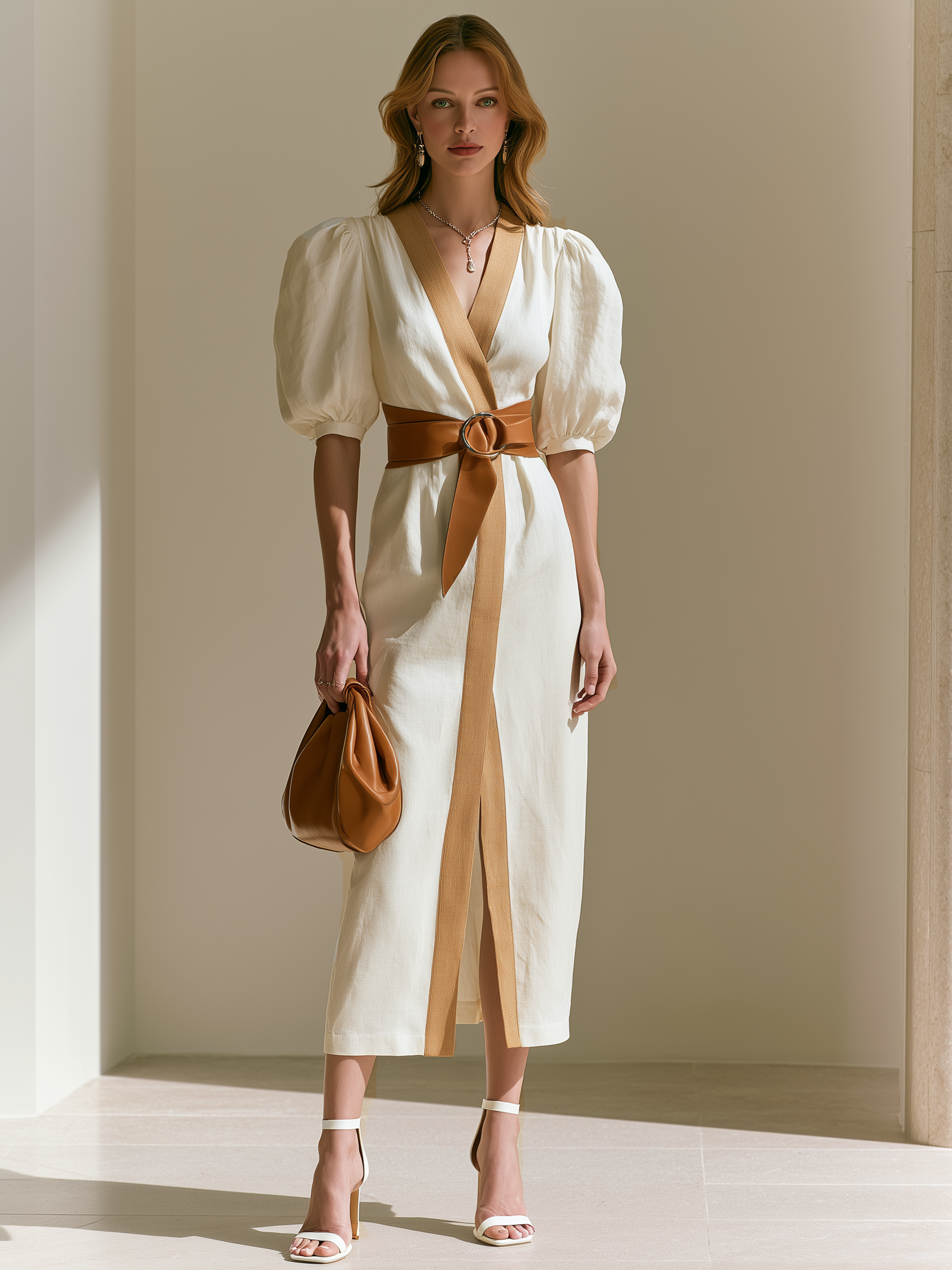 Elegant White Linen Blend Puff Sleeve Midi Dress