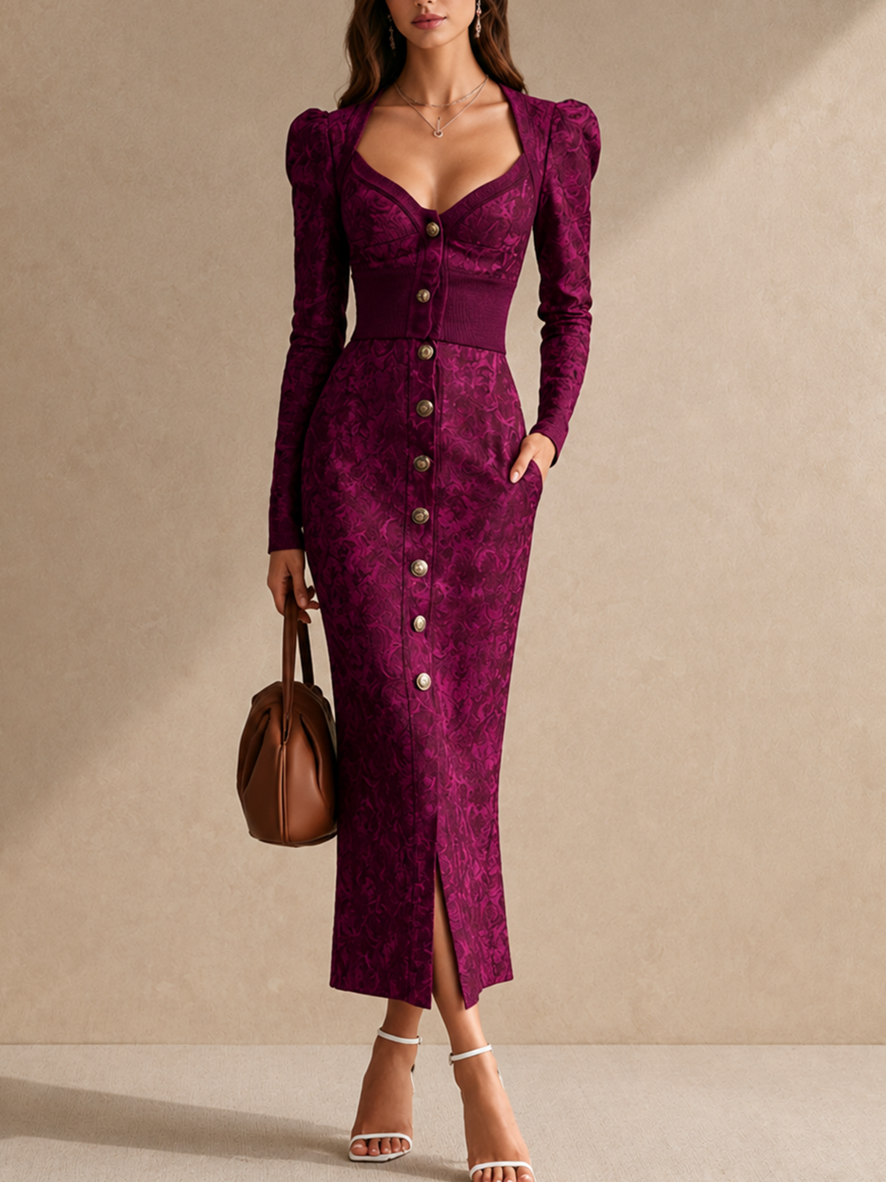 Elegant Berry Purple Jacquard Sweetheart Neck Long Sleeve Midi Dress