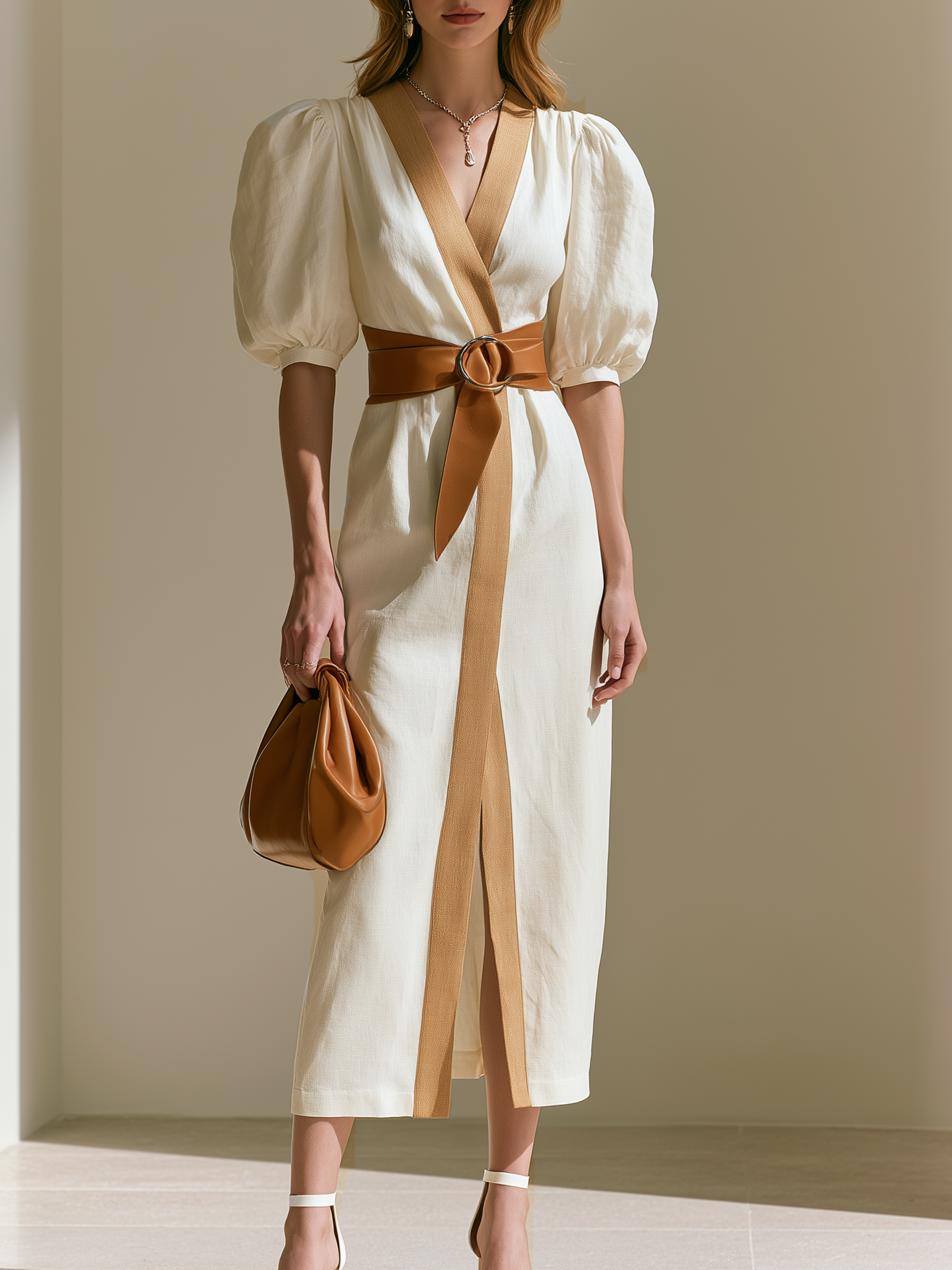 Elegant White Linen Blend Puff Sleeve Midi Dress