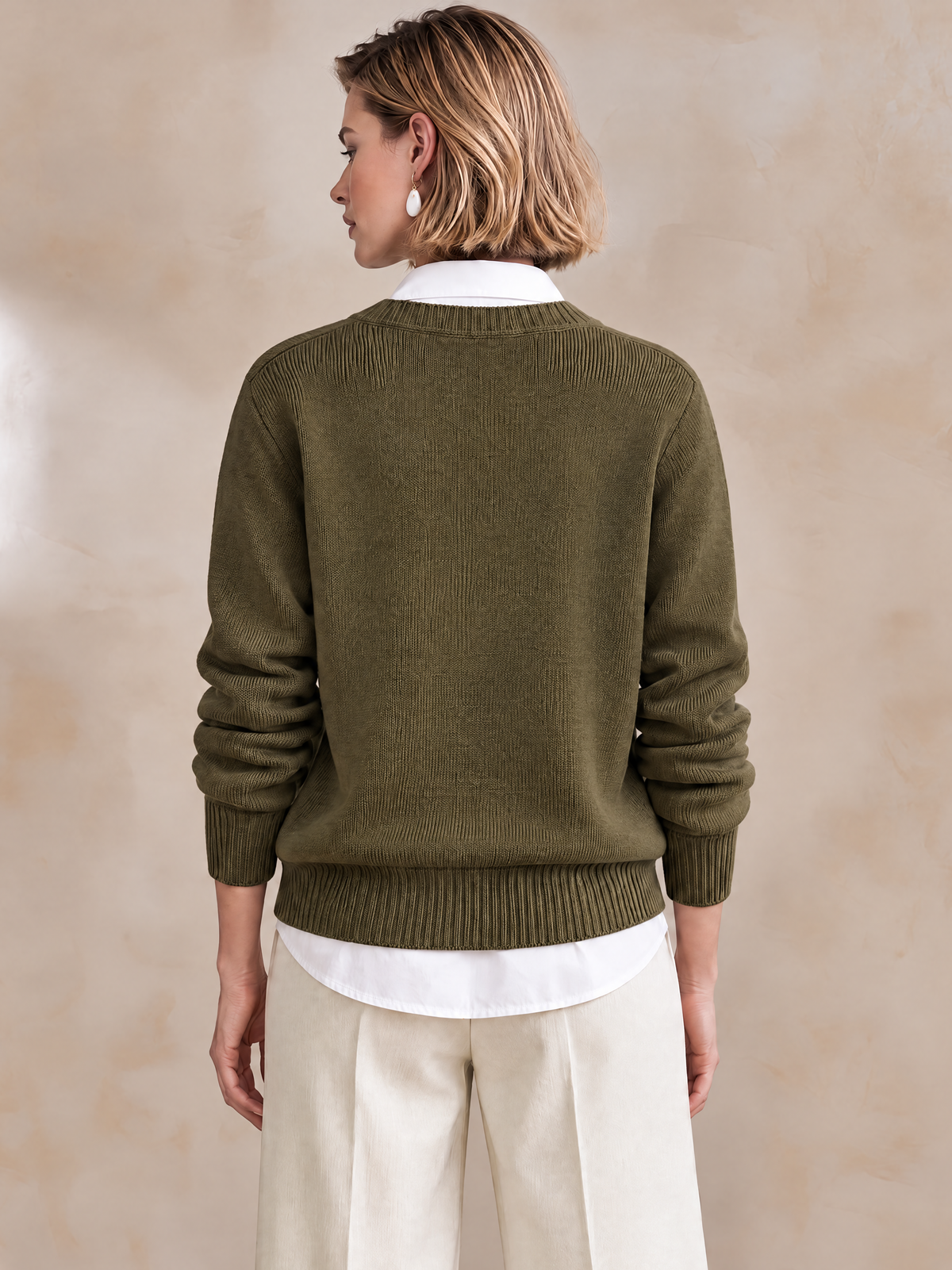Elegant Olive Green V-Neck Knit Top With White Shirt Collar Layered Detail