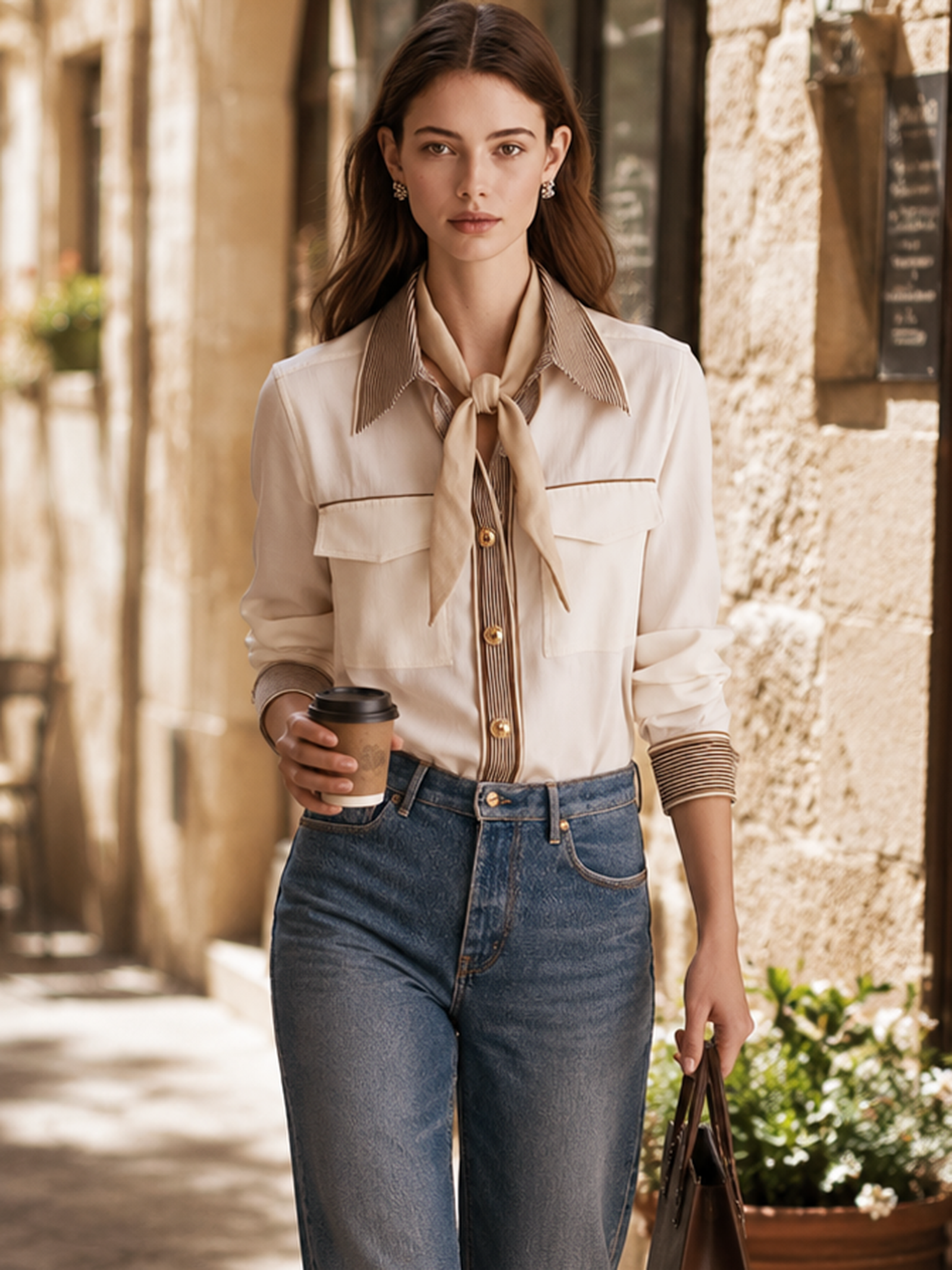 Cream Contrast Stripe Collar Long‑Sleeve Blouse