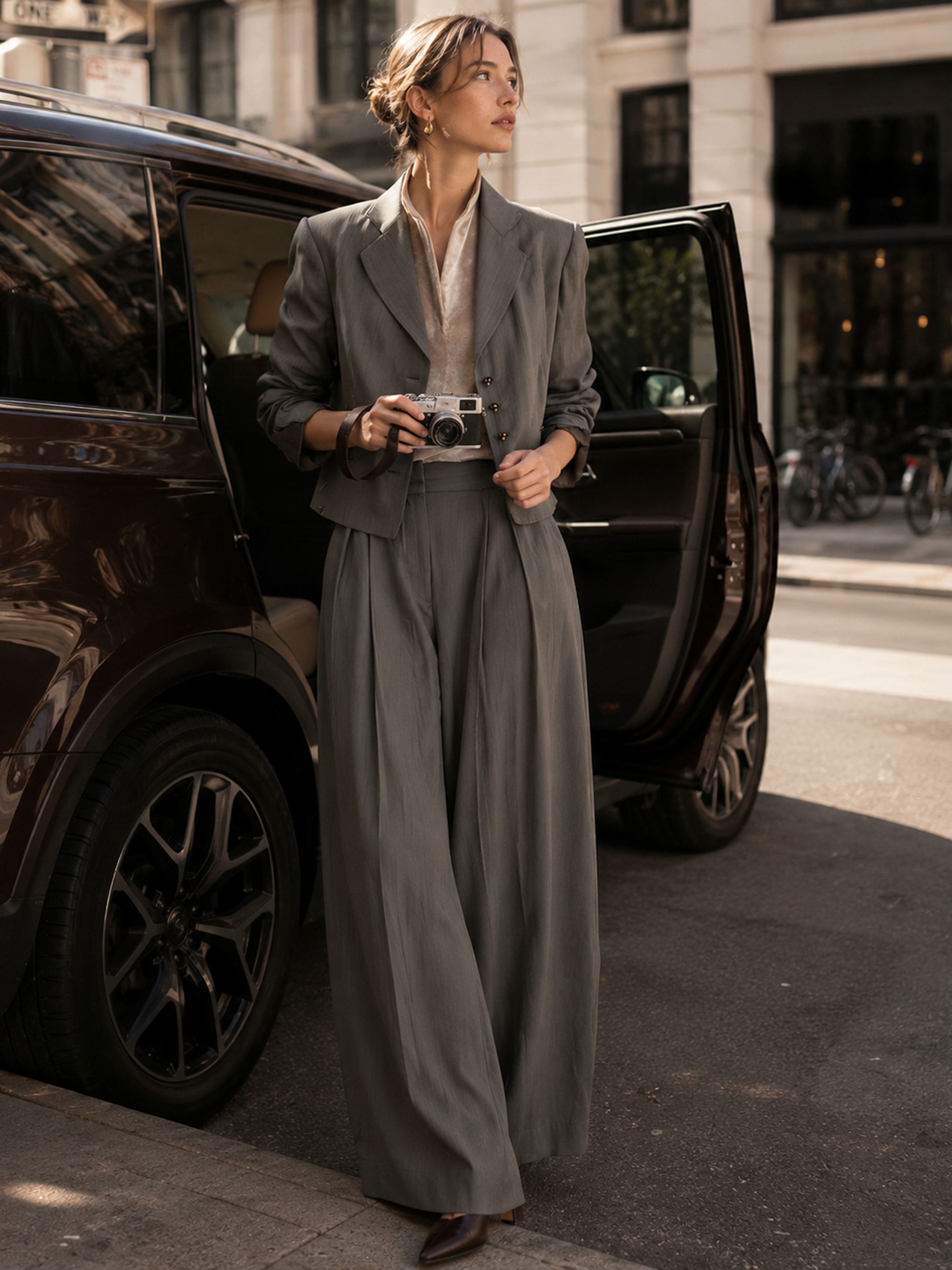 Elegant Grey Cropped Blazer Wide Leg Pant Two-Piece Set