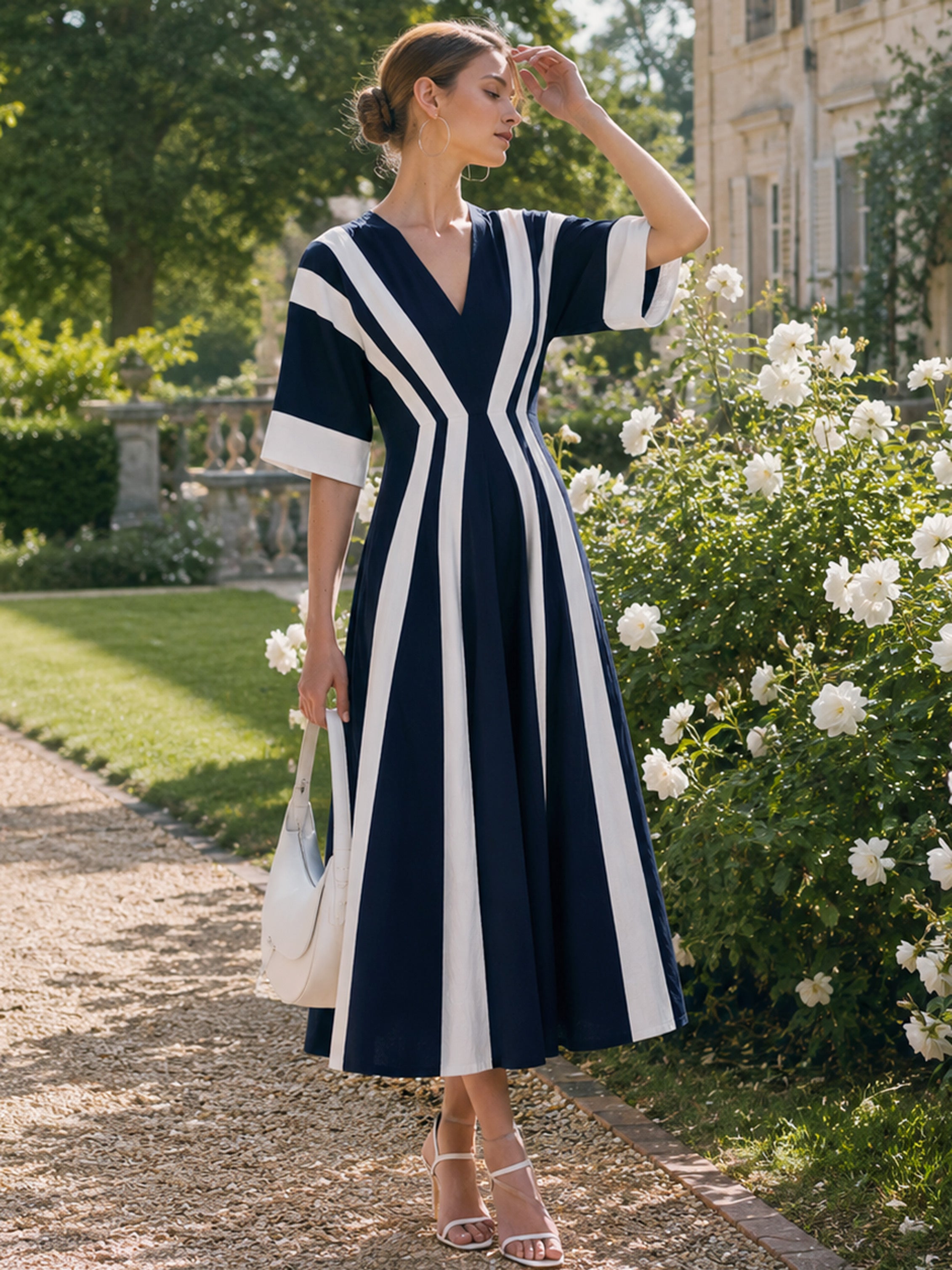 Elegant Navy Ivory Color Block V-Neck Flared Linen Midi Dress