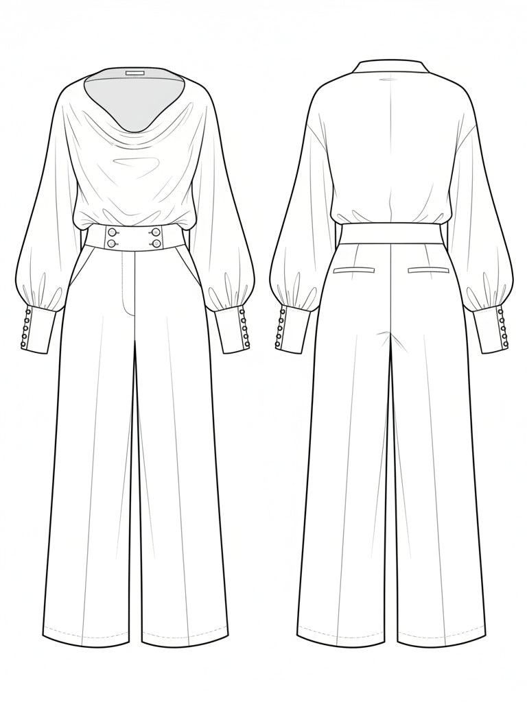 Liserie Sateng Skreddersydd Bluse med Cowl Neck og Høylivede Bukser med Vide Ben