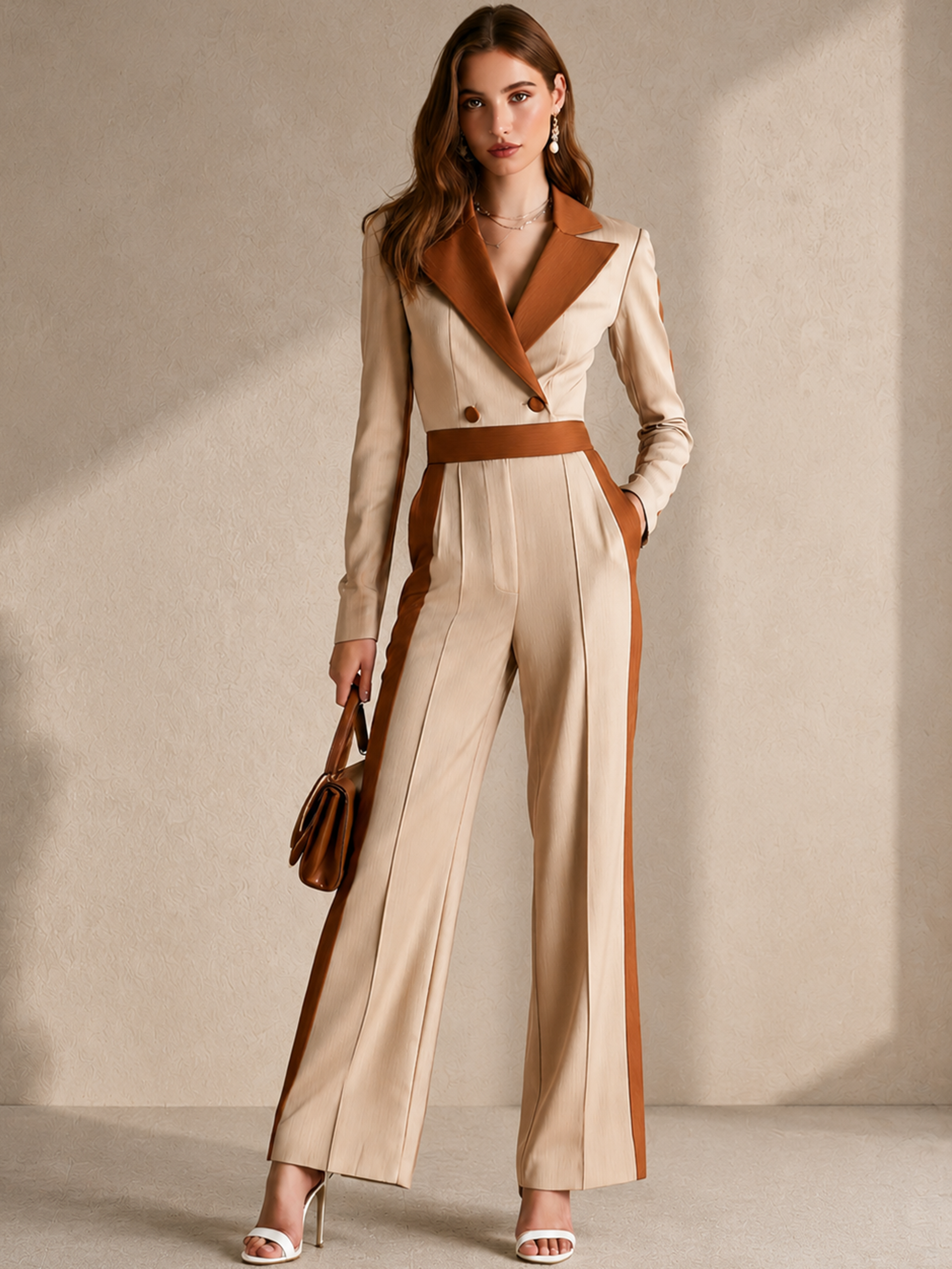 Elegant Coffee Brown Contrast Tailored Blazer Jumpsuit