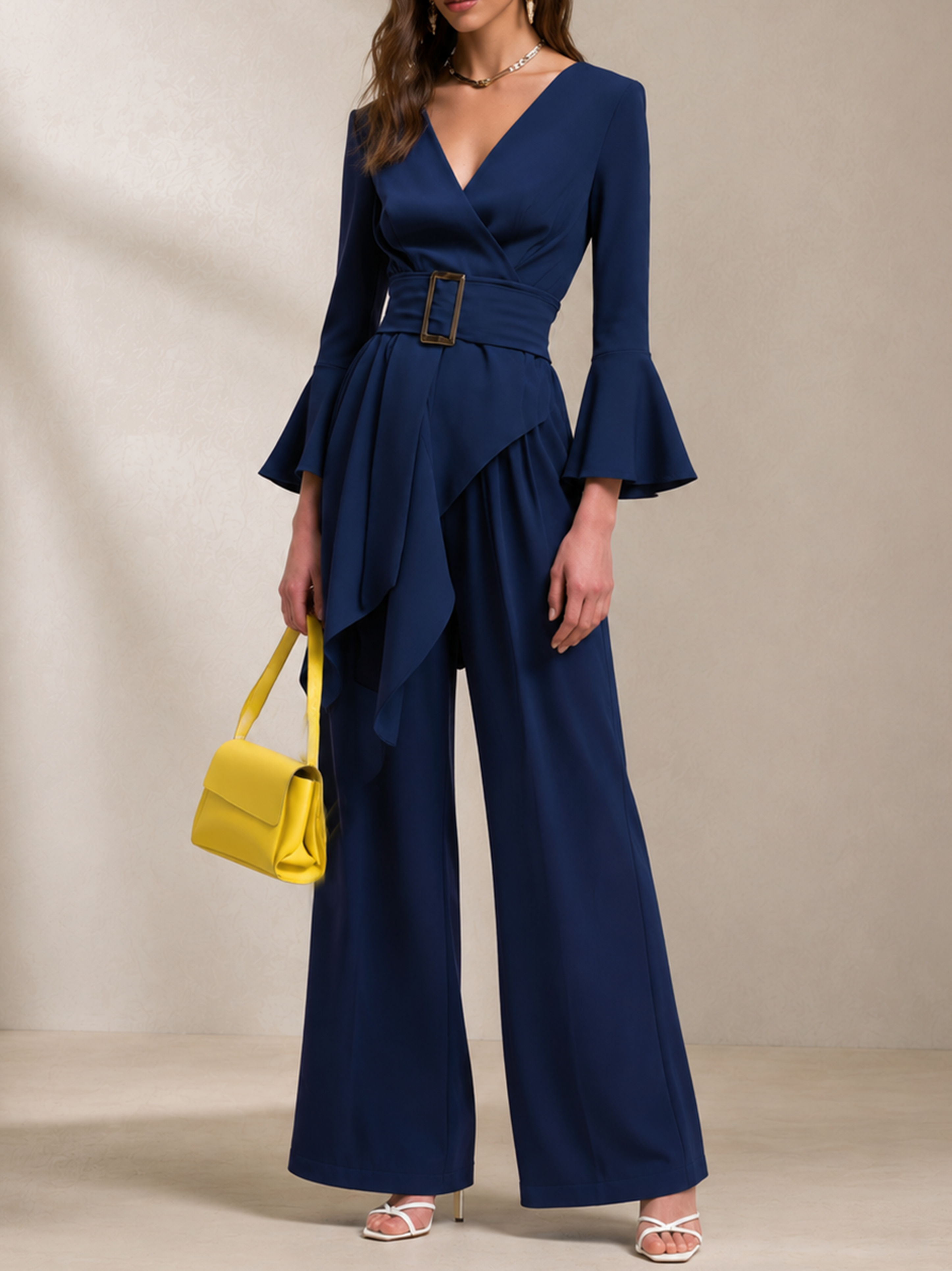 Elegant Navy Blue Wrap V-Neck Top & Wide Leg Pants Set