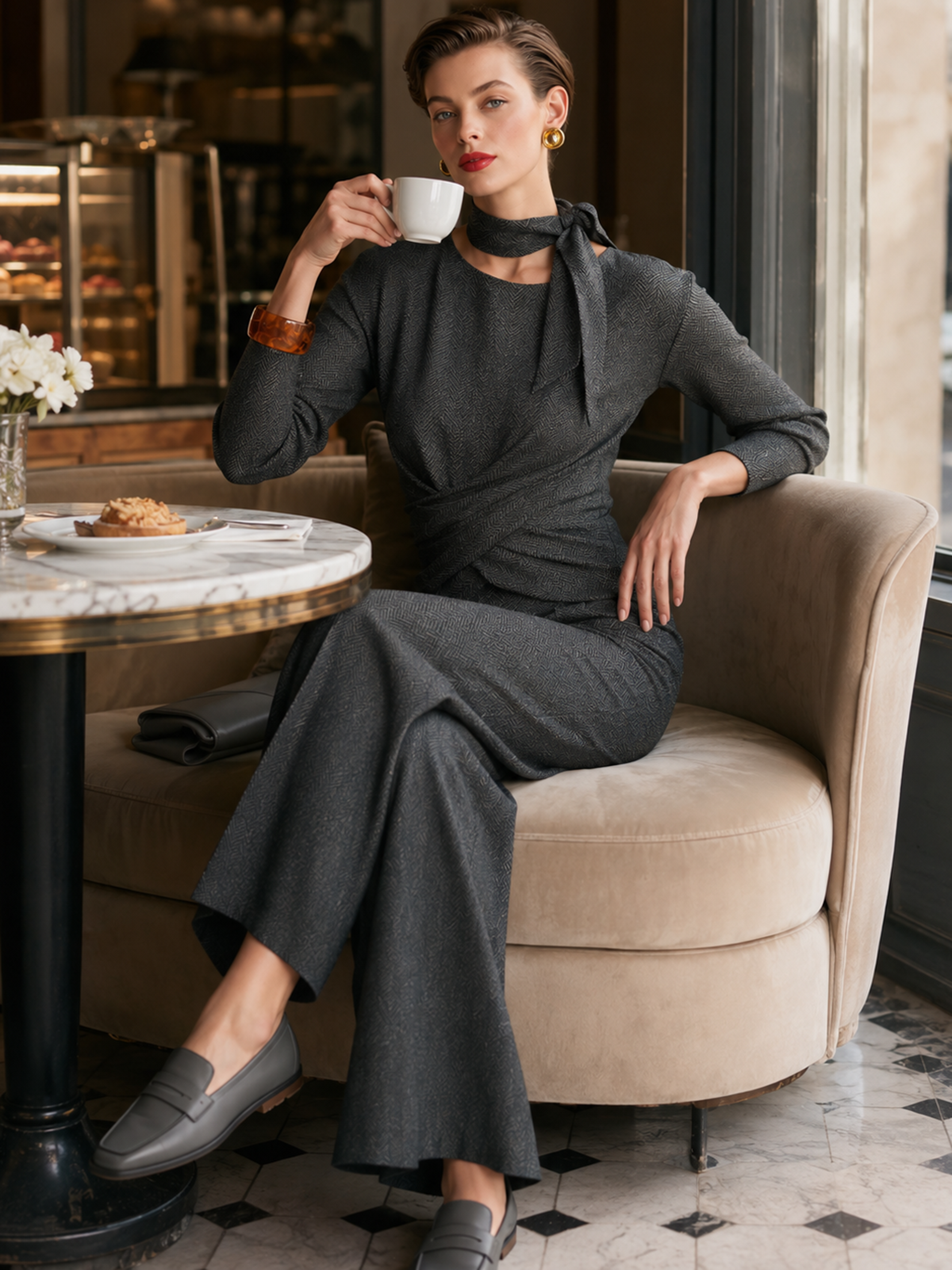 Charcoal Grey Twist Front Sash High Waist Wide‑Leg Jumpsuit