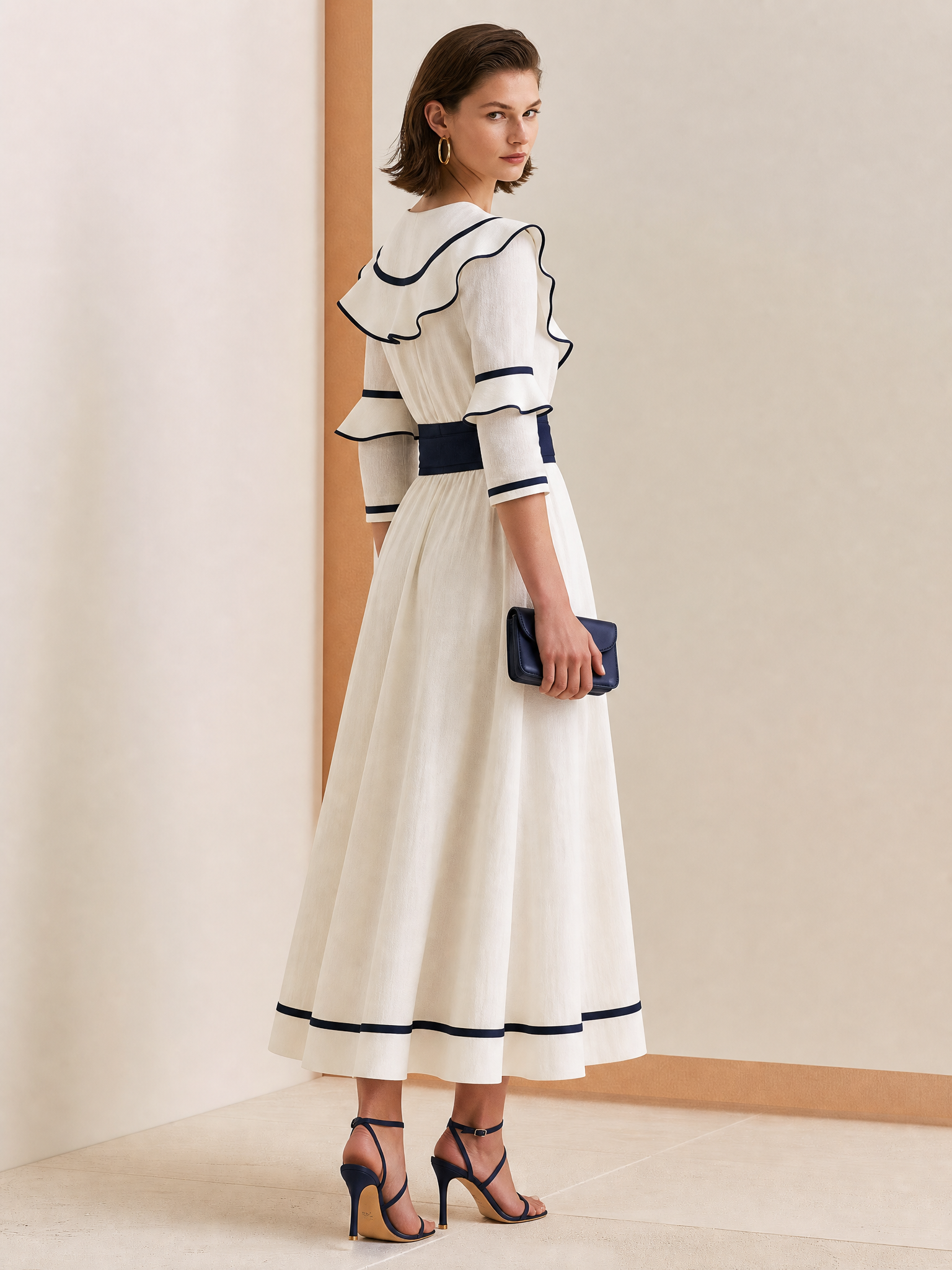 Elegant Off-White Navy Piped Elbow Tie Belt Relaxed Midi Dress