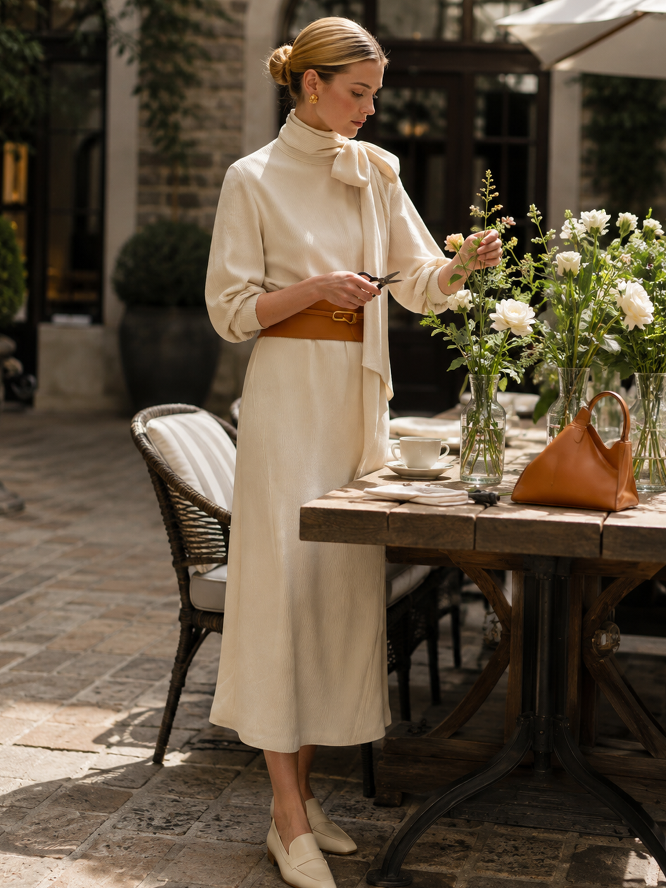 Elegant Relaxed Cream Turtleneck Waisted Corduroy Midi Dress