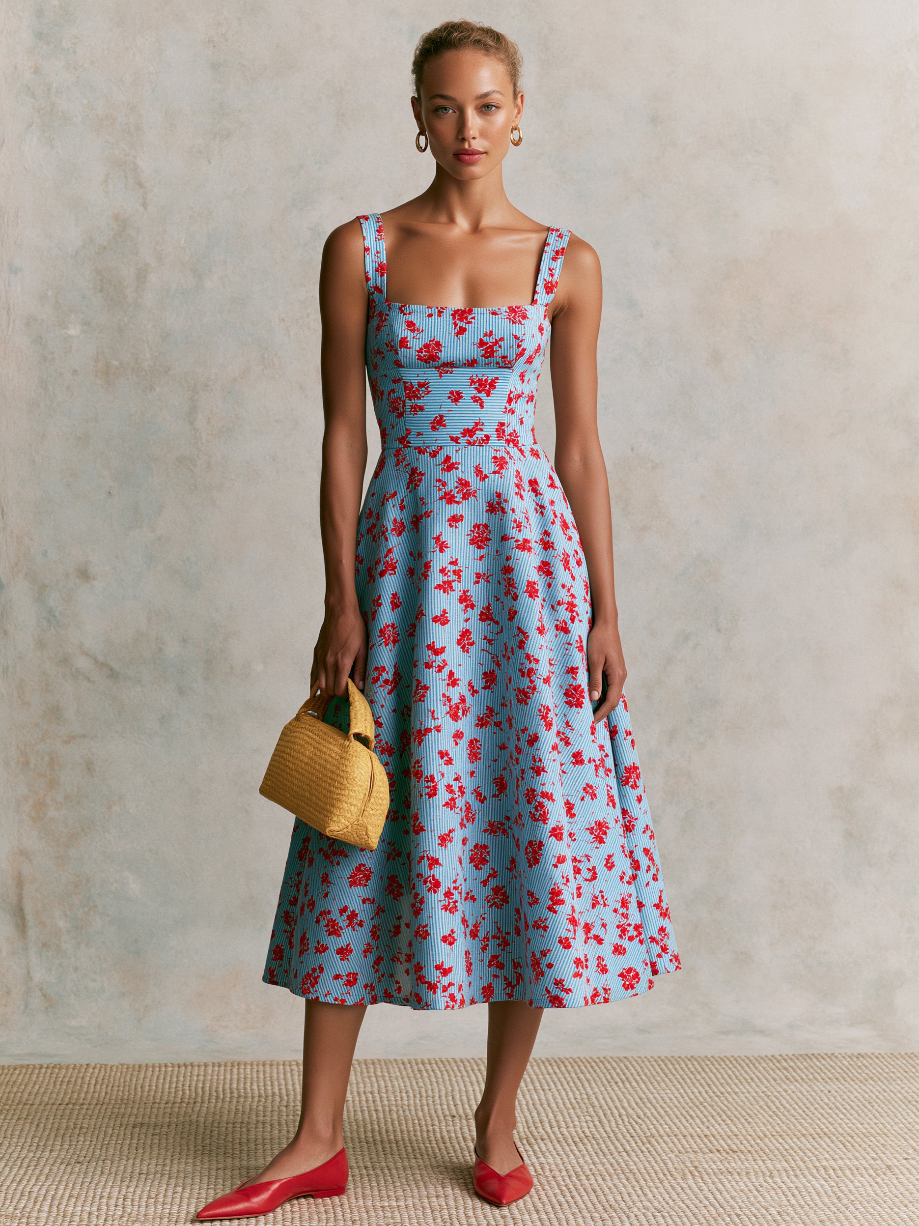 Liserie Sky Blue Square Neck Floral Stripe Midi Dress