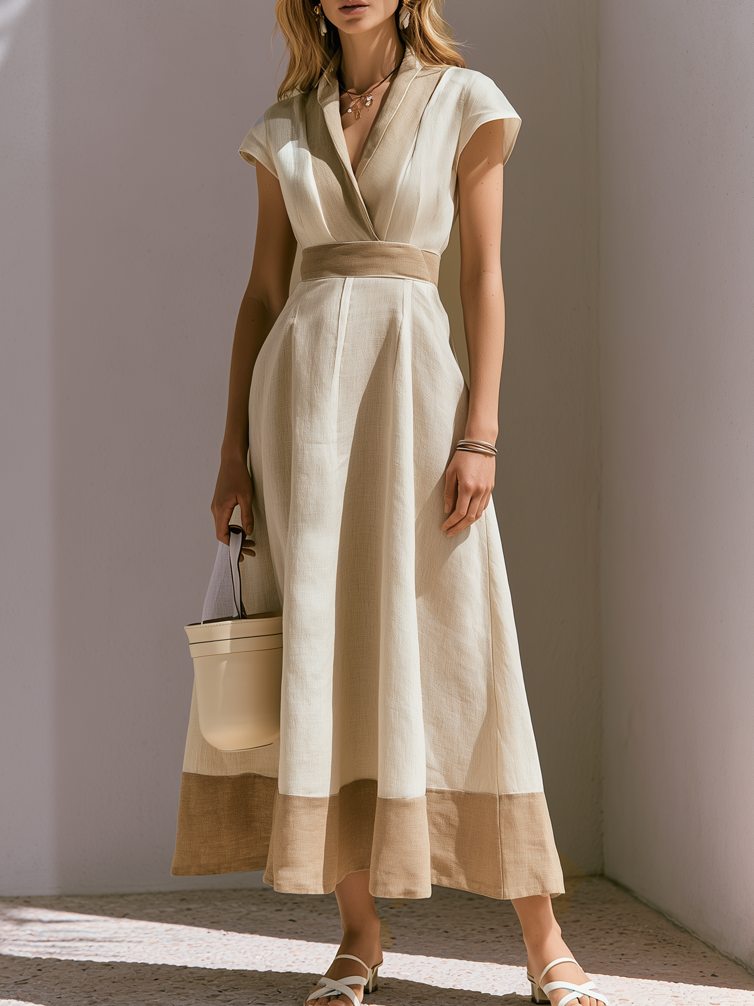 Elegant Ivory Linen Blend Dress: Short Sleeve V-Neck Color Block Maxi Dress