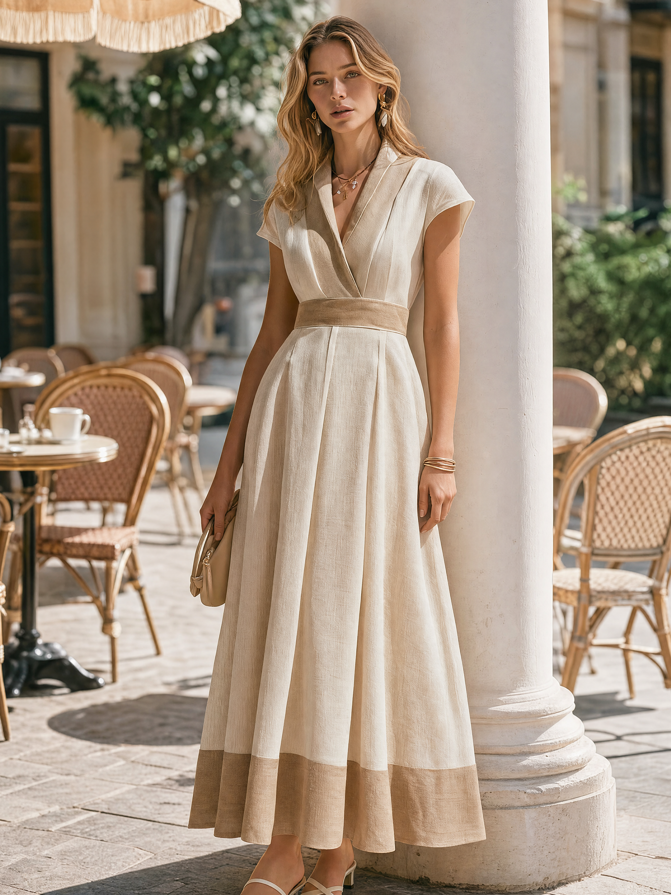 Elegant Ivory Linen Blend Dress: Short Sleeve V-Neck Color Block Maxi Dress