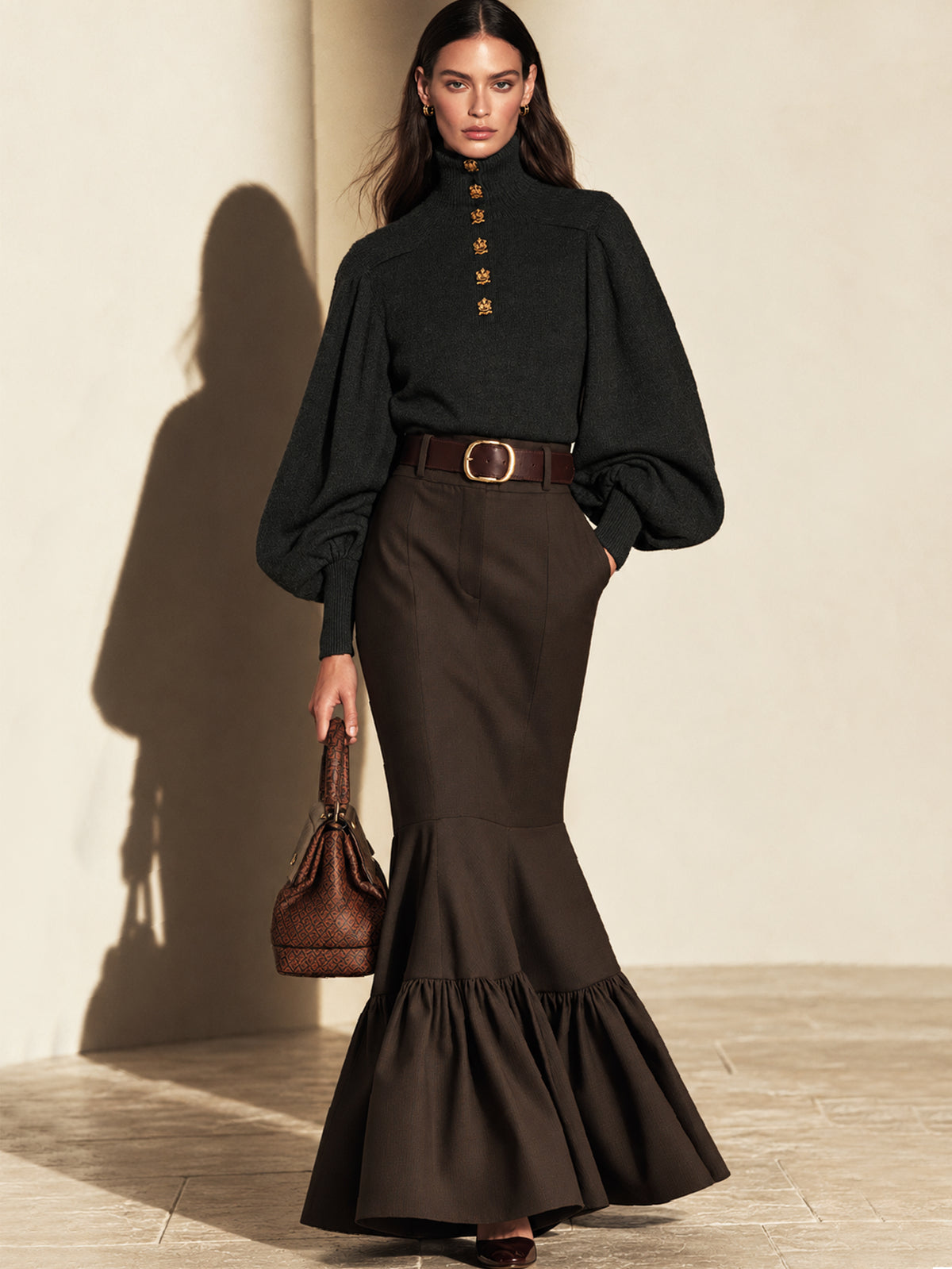 Tailored High-Waist Brown Mermaid Maxi Skirt