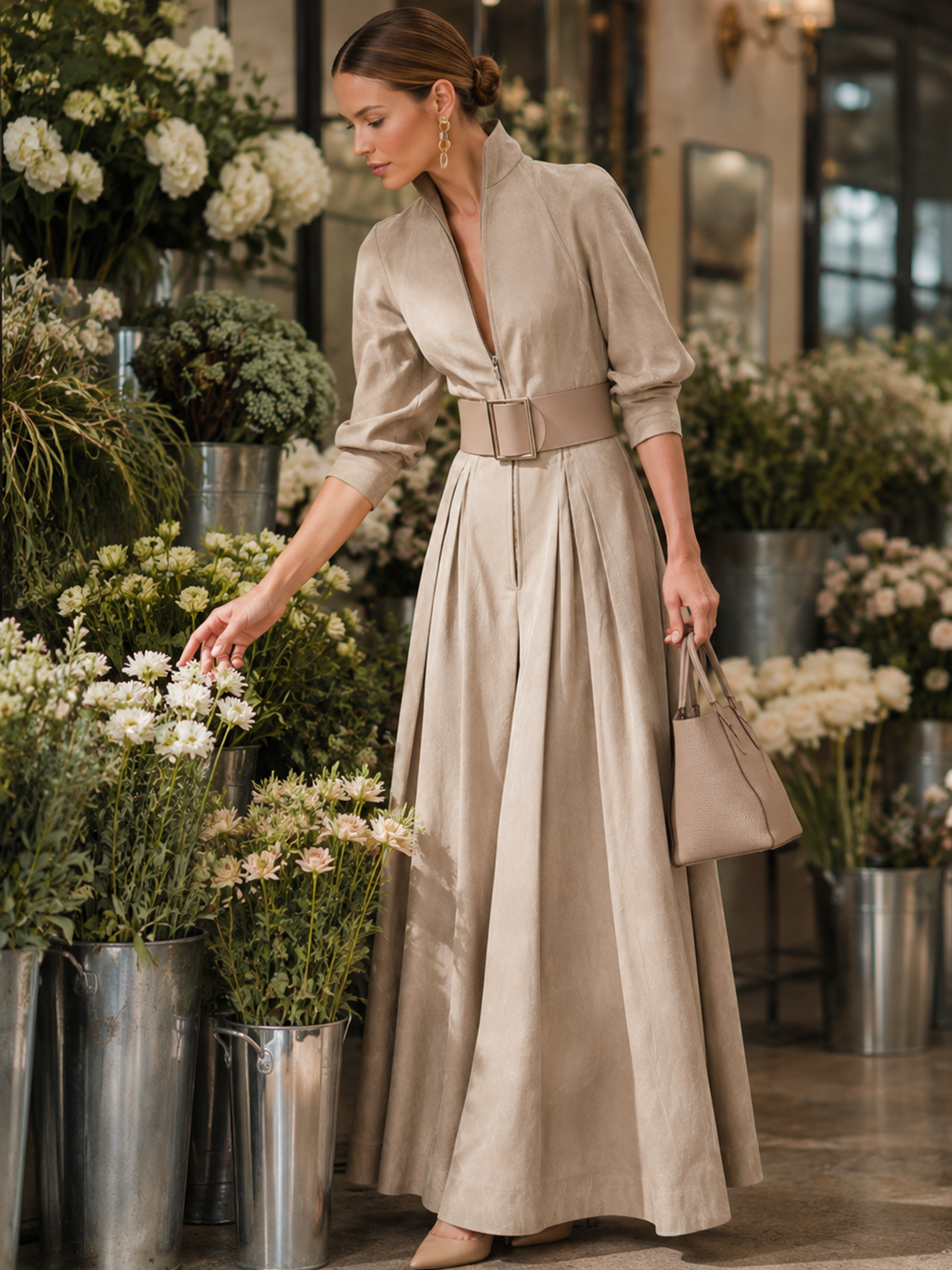 Elegant Light Khaki Stand Collar Wide Buckle Waist Jumpsuit