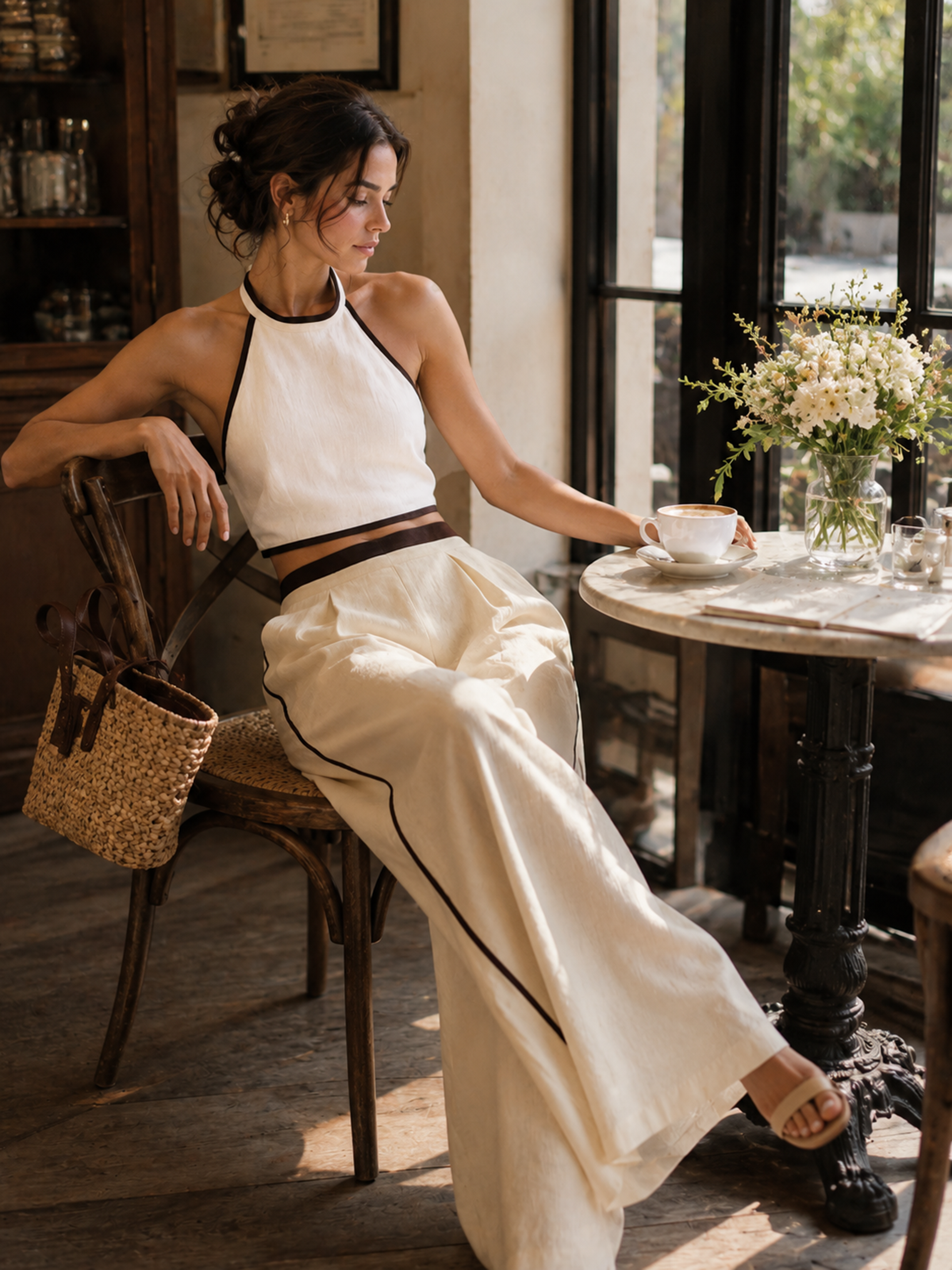 Ivory Halter Vest Flowy Linen Wide Leg Set