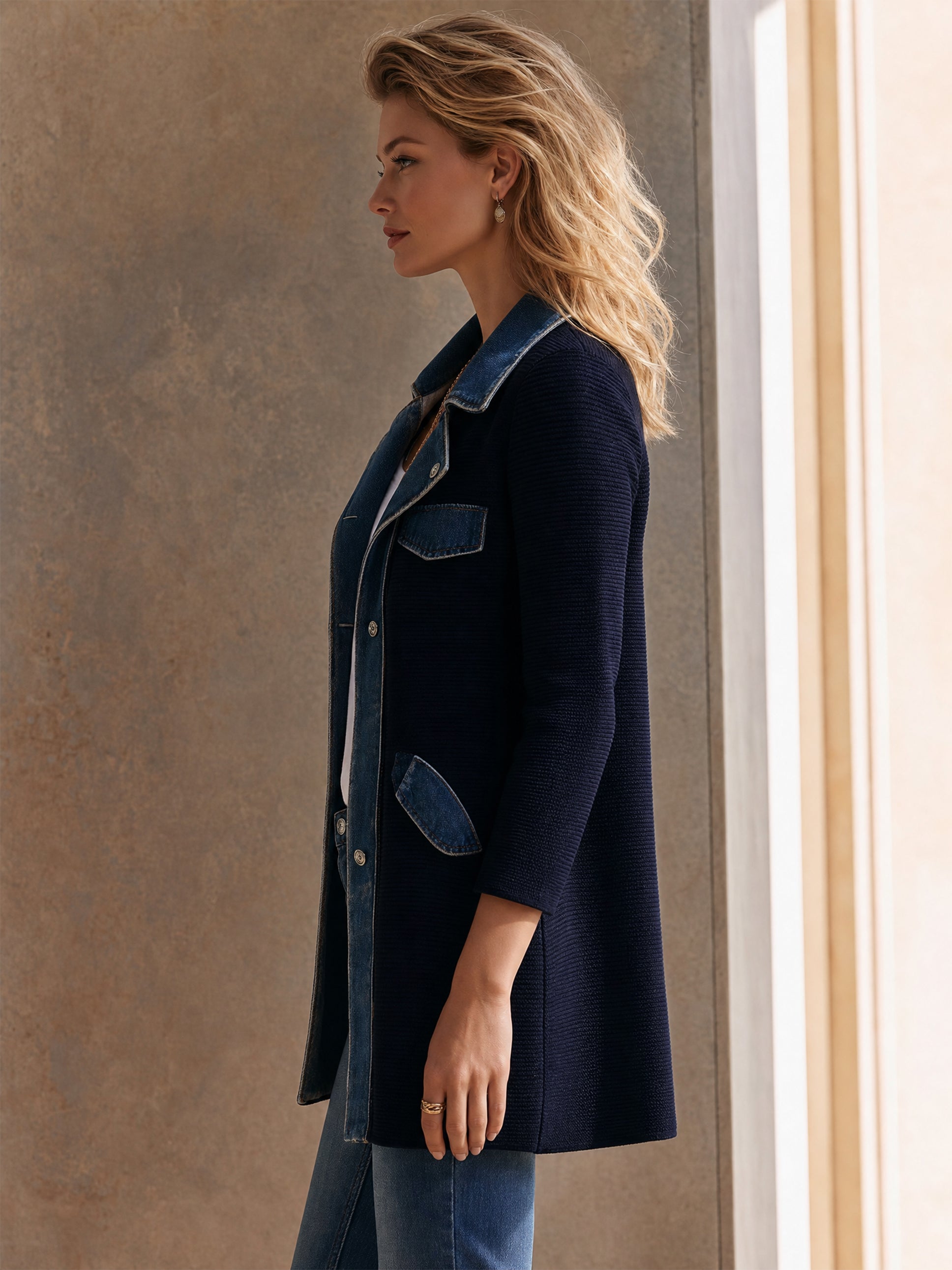Denim‑Trim Mid‑Length Jacket Outerwear