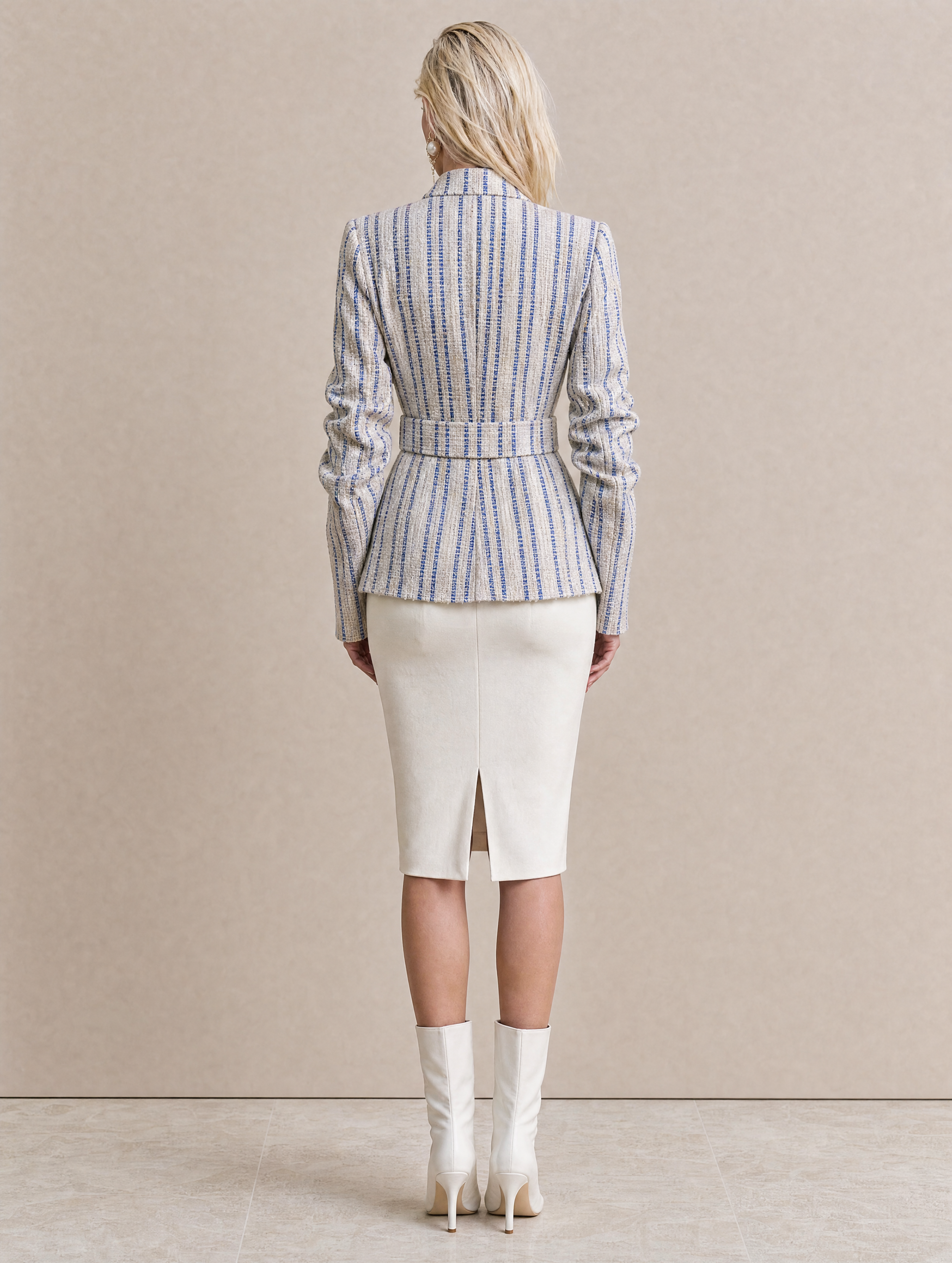 Elegant Grey Blazer With Blue Stripes And A Waist-defining Cut