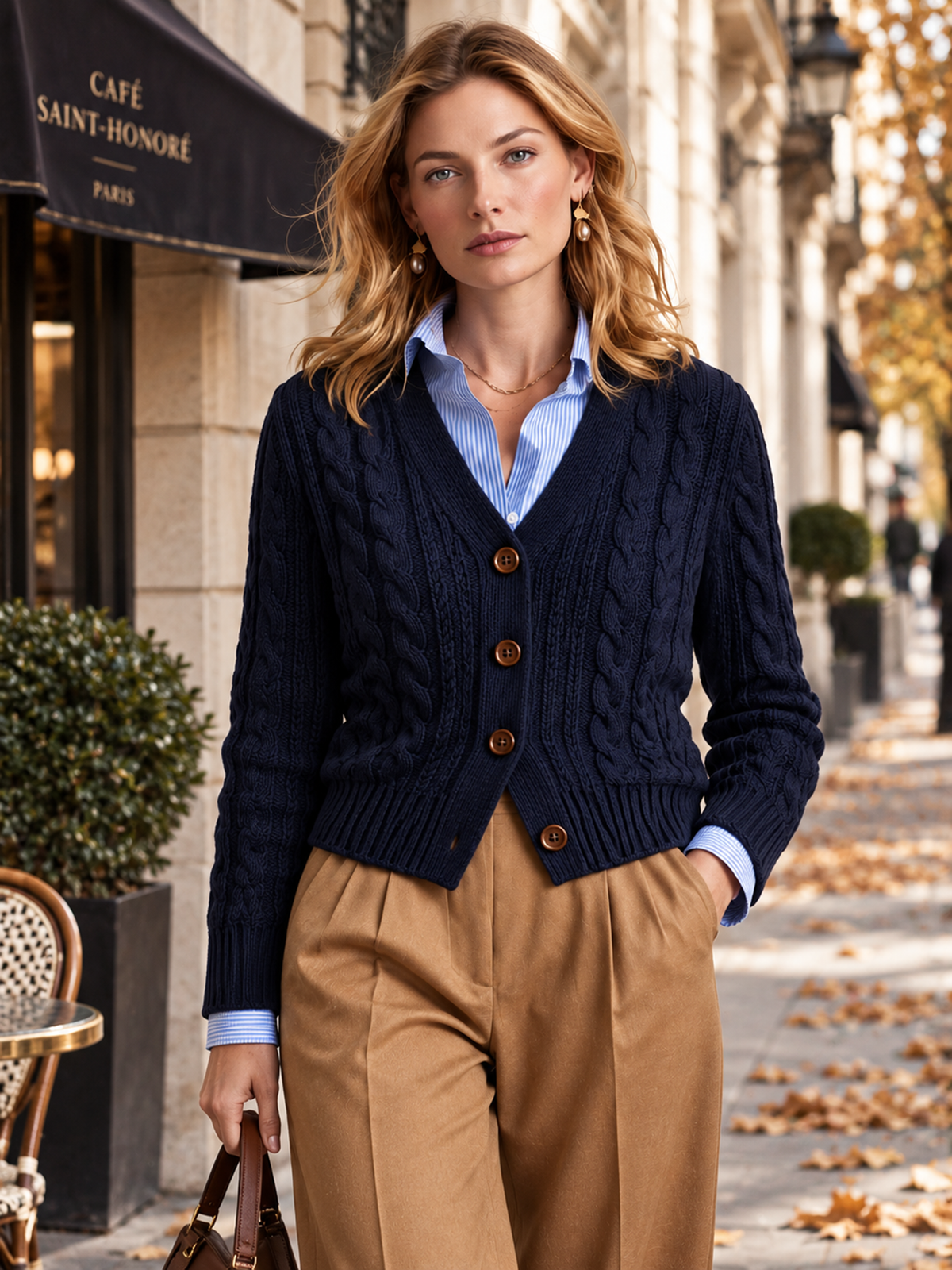 Elegant Navy Cable-Knit Button-Front Cardigan