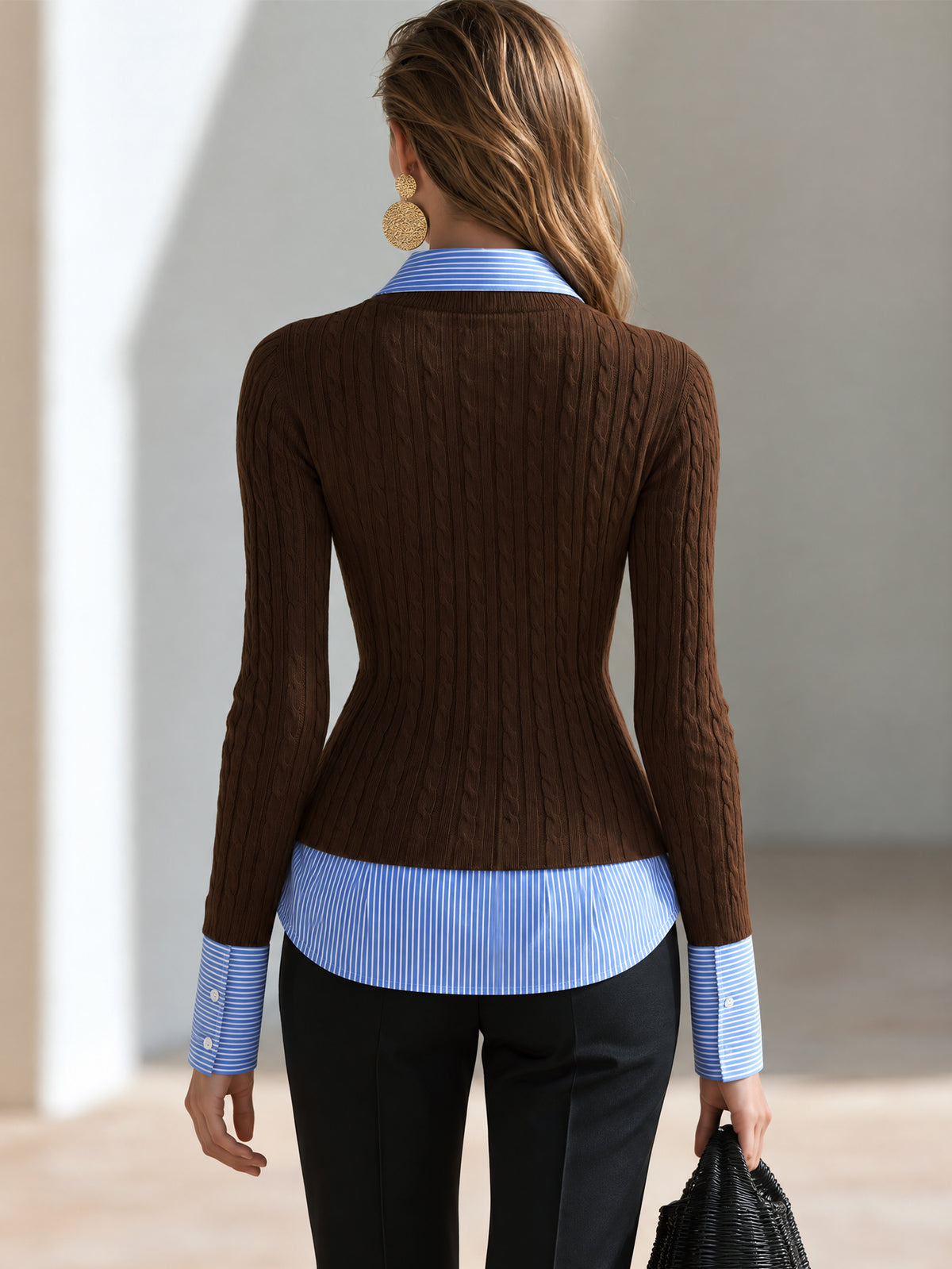 Cable Knit Wool Blend Faux Two-Piece Cardigan