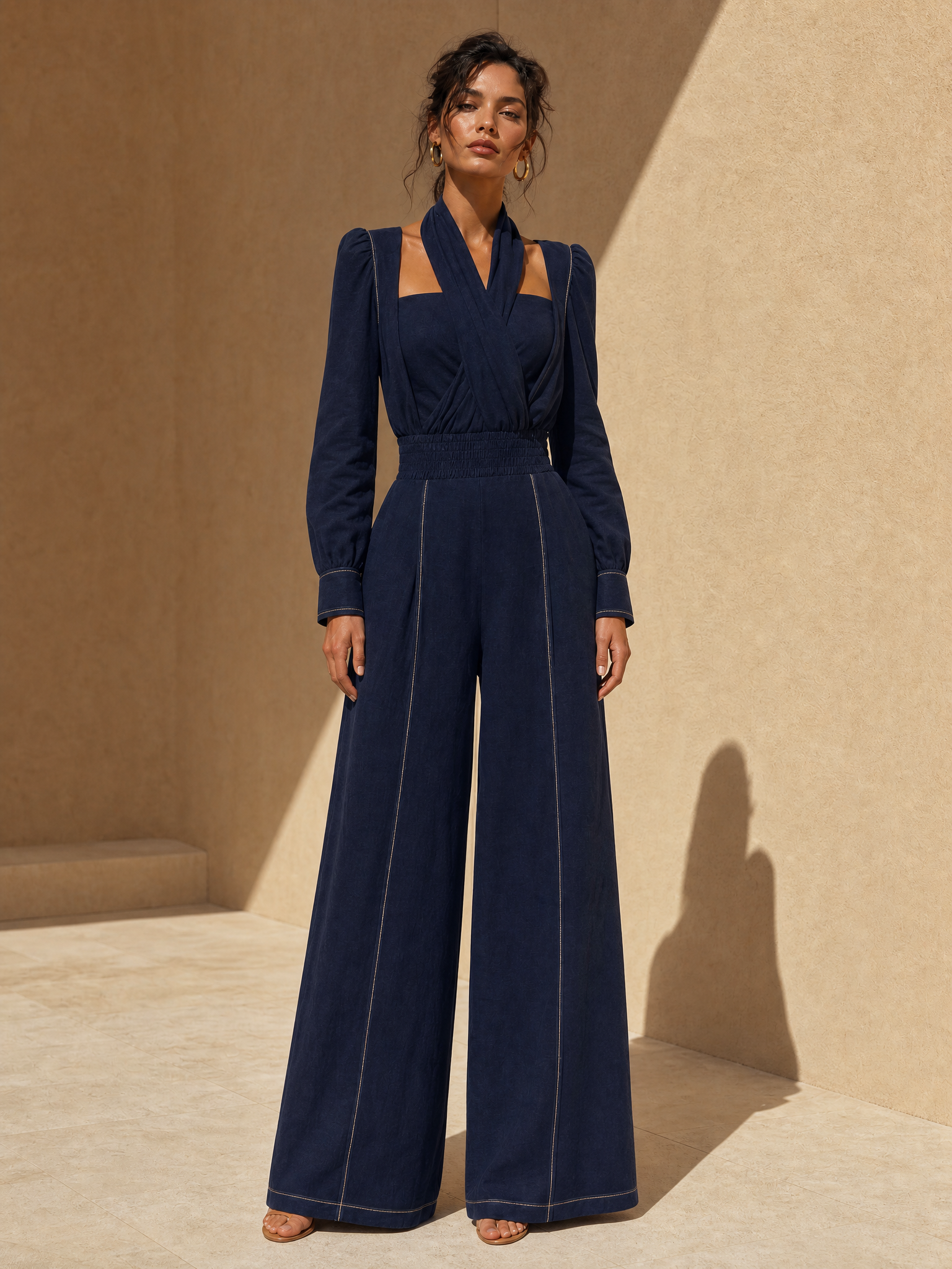 Navy Blue Long-sleeved Halter-neck Linen Set