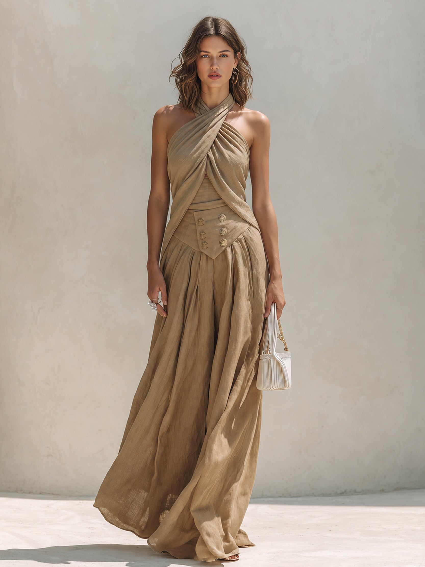 Light Brown Linen Halter-neck Set