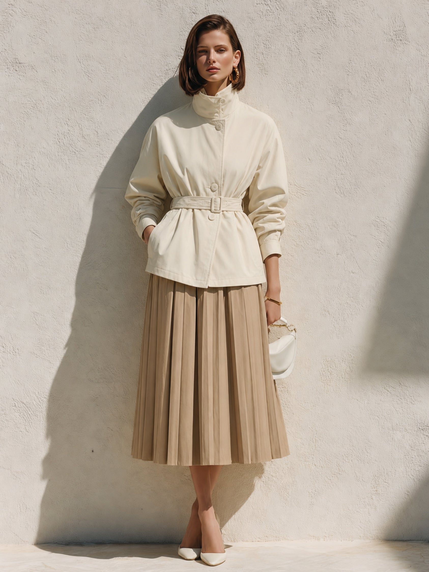 Off-white Short Trench Coat And Pleated Skirt Set
