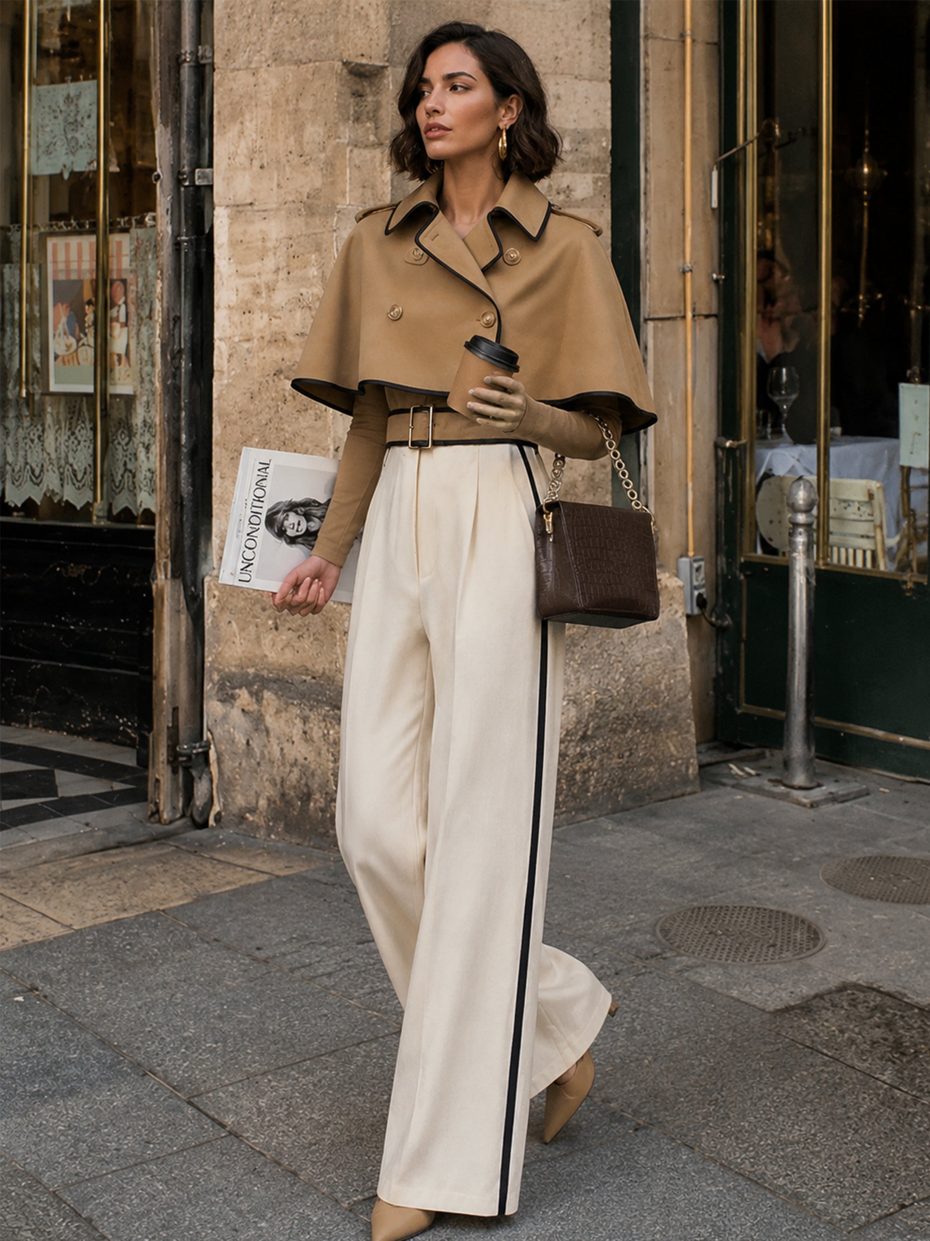 Women's Cropped Cape Coat with Contrast Piping Belted Trench Style