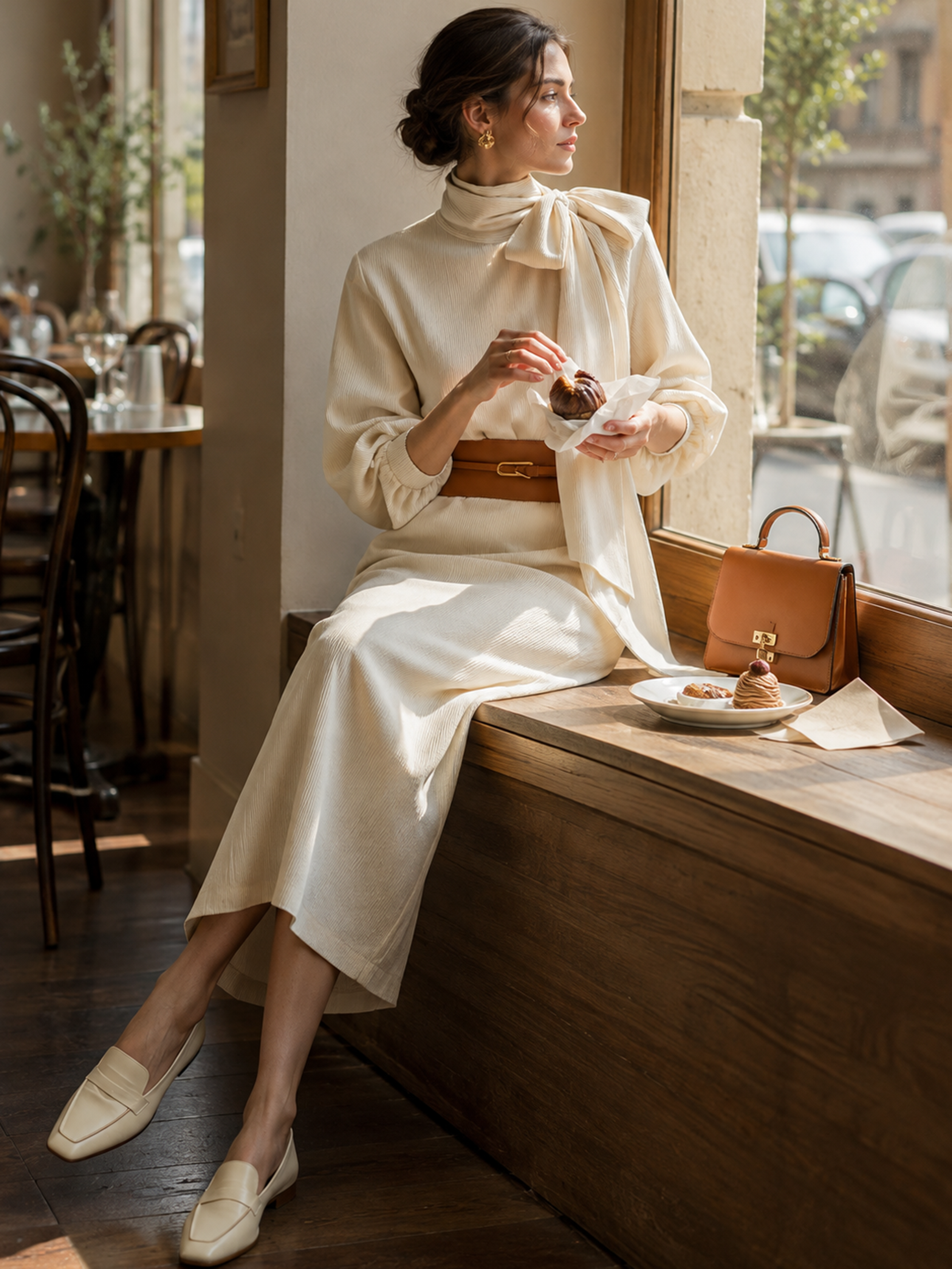 Elegant Relaxed Cream Turtleneck Waisted Corduroy Midi Dress
