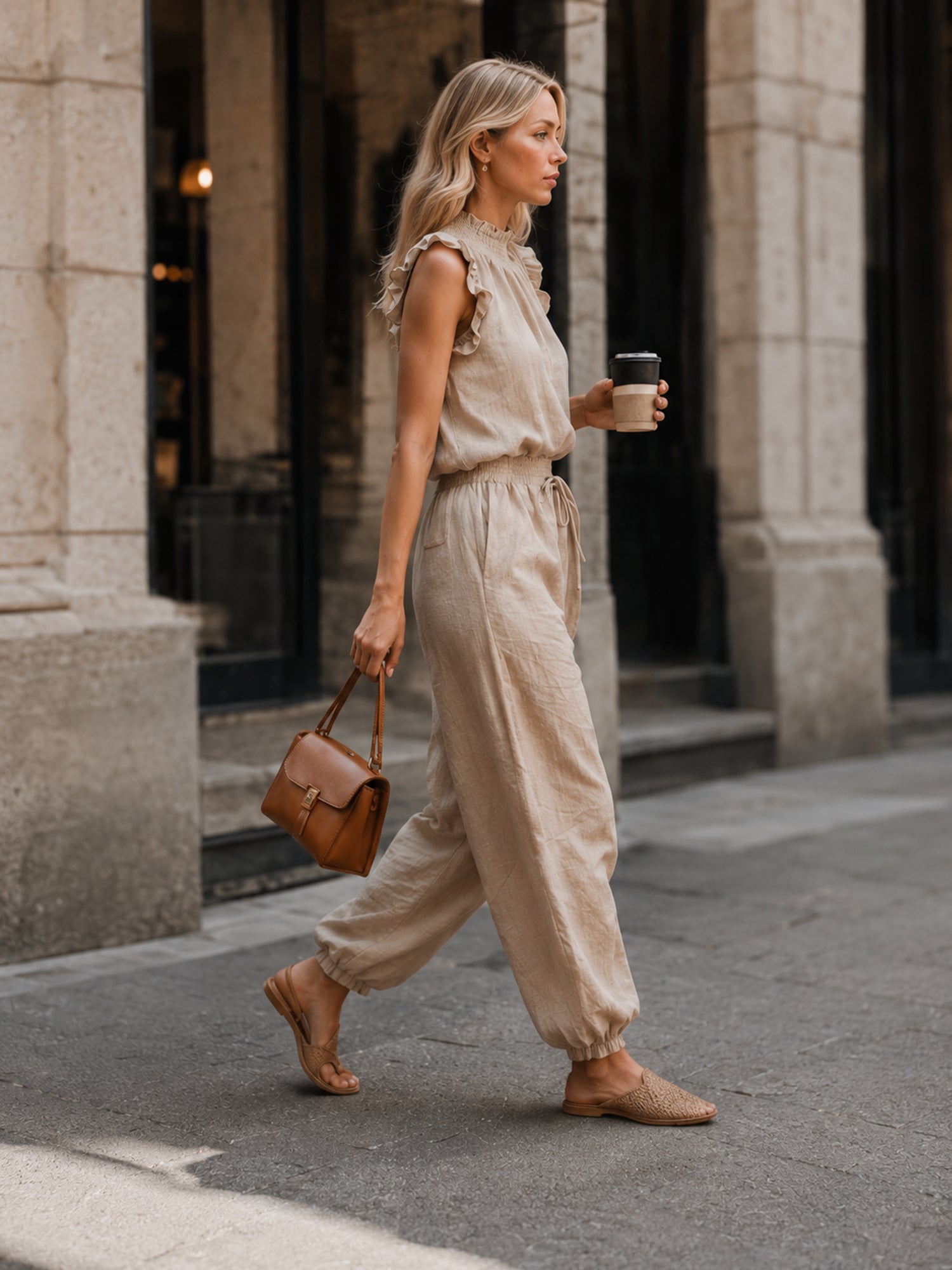 Liserie Oatmeal Linen Ruffle Neck Top & Drawstring Pants Casual Set