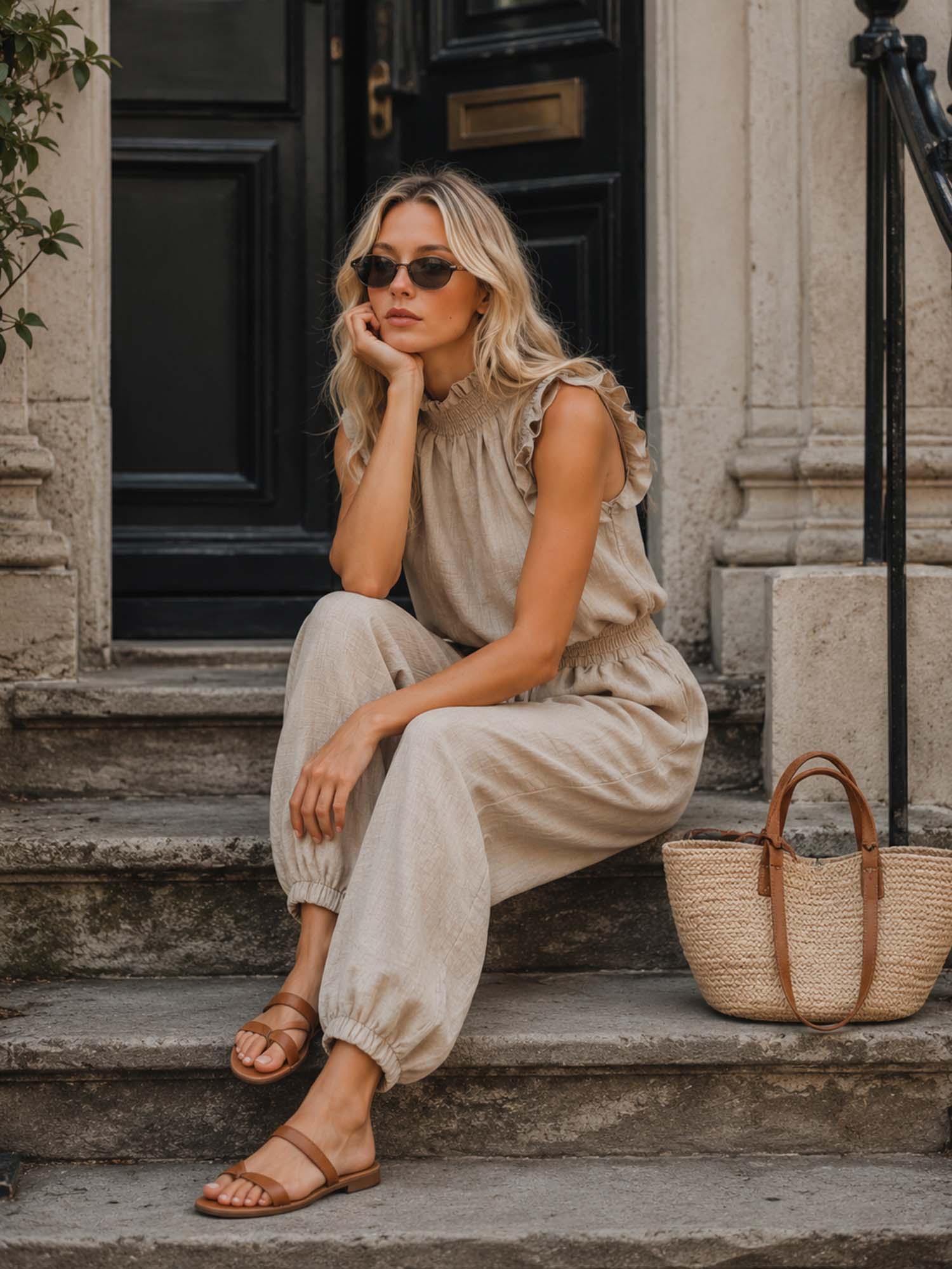 Liserie Oatmeal Linen Ruffle Neck Top & Drawstring Pants Casual Set