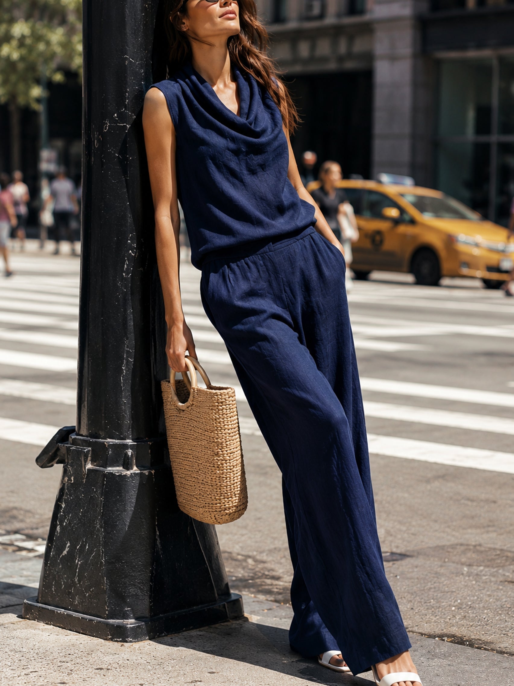 Liserie Linen Cowl Neck Top & Wide-Leg Trouser Set