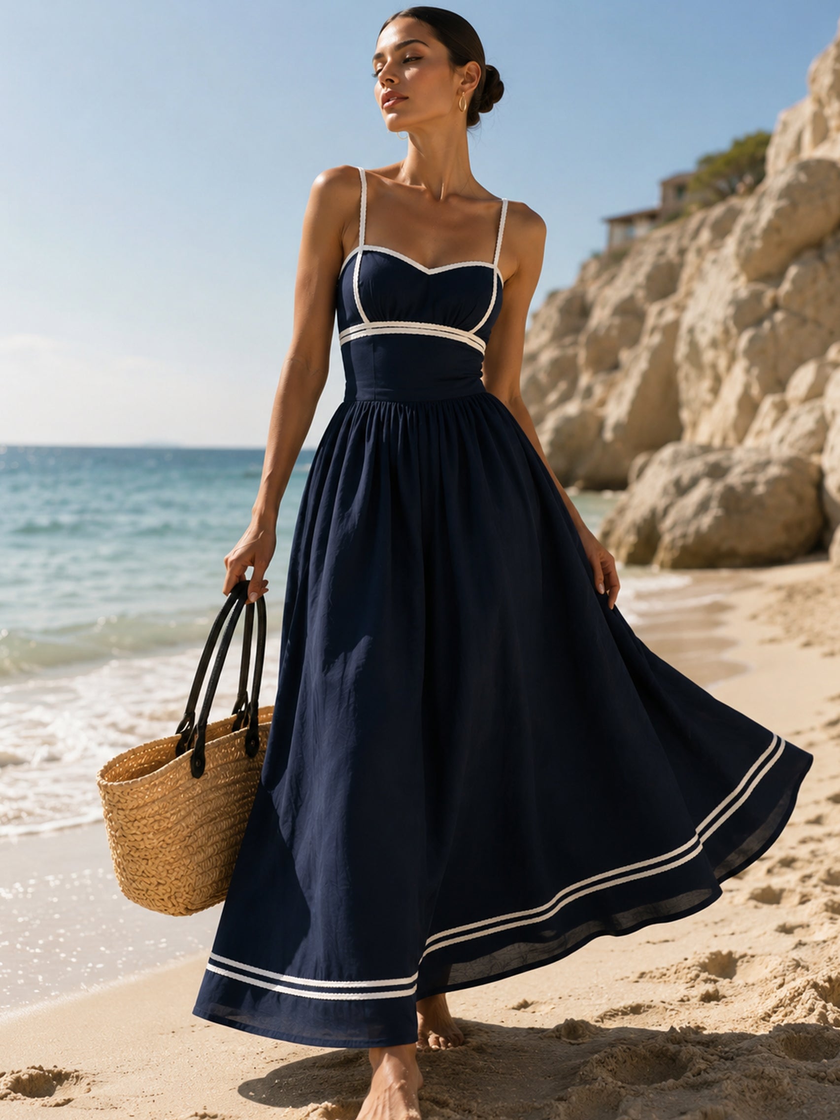 Liserie Cotton Navy Maxi Dress With Contrast Trim