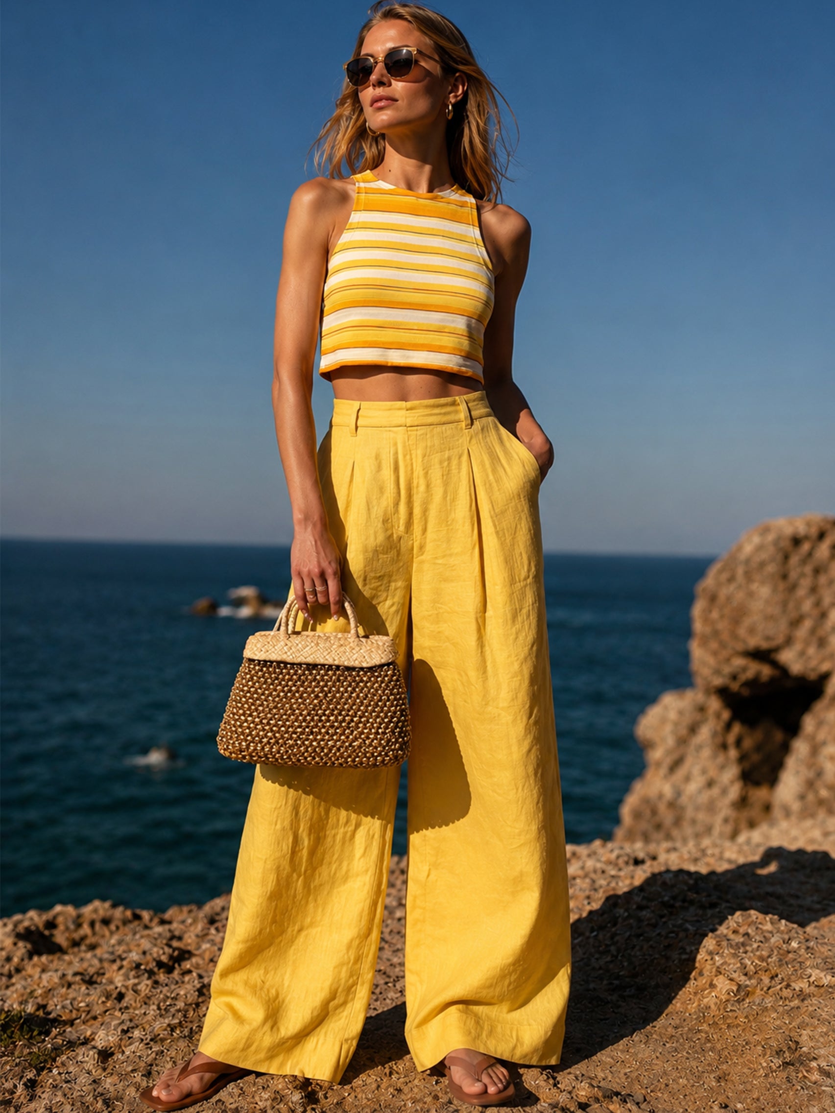 Liserie Yellow Striped Top &Linen Wide-Leg Pants Set