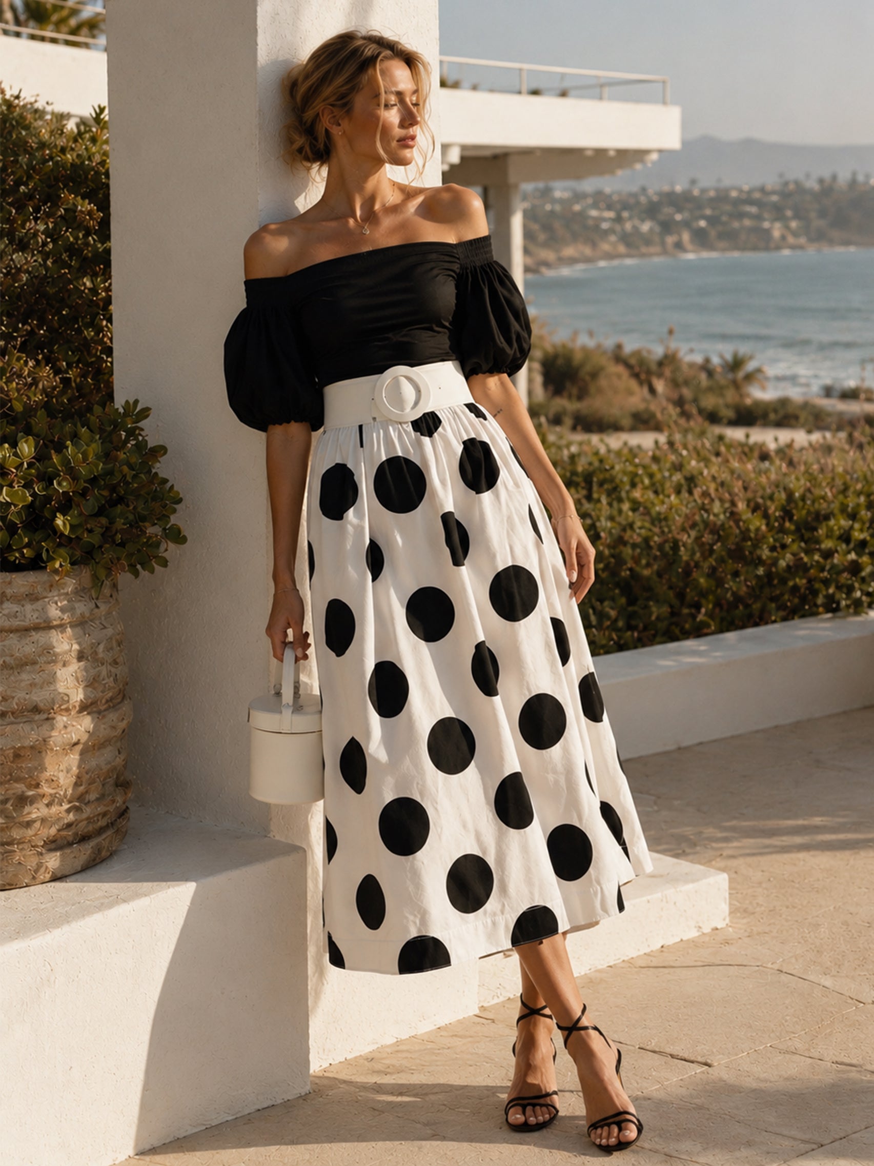 Liserie Off-The-Shoulder Polka Dot Midi Dress With Wide Belt