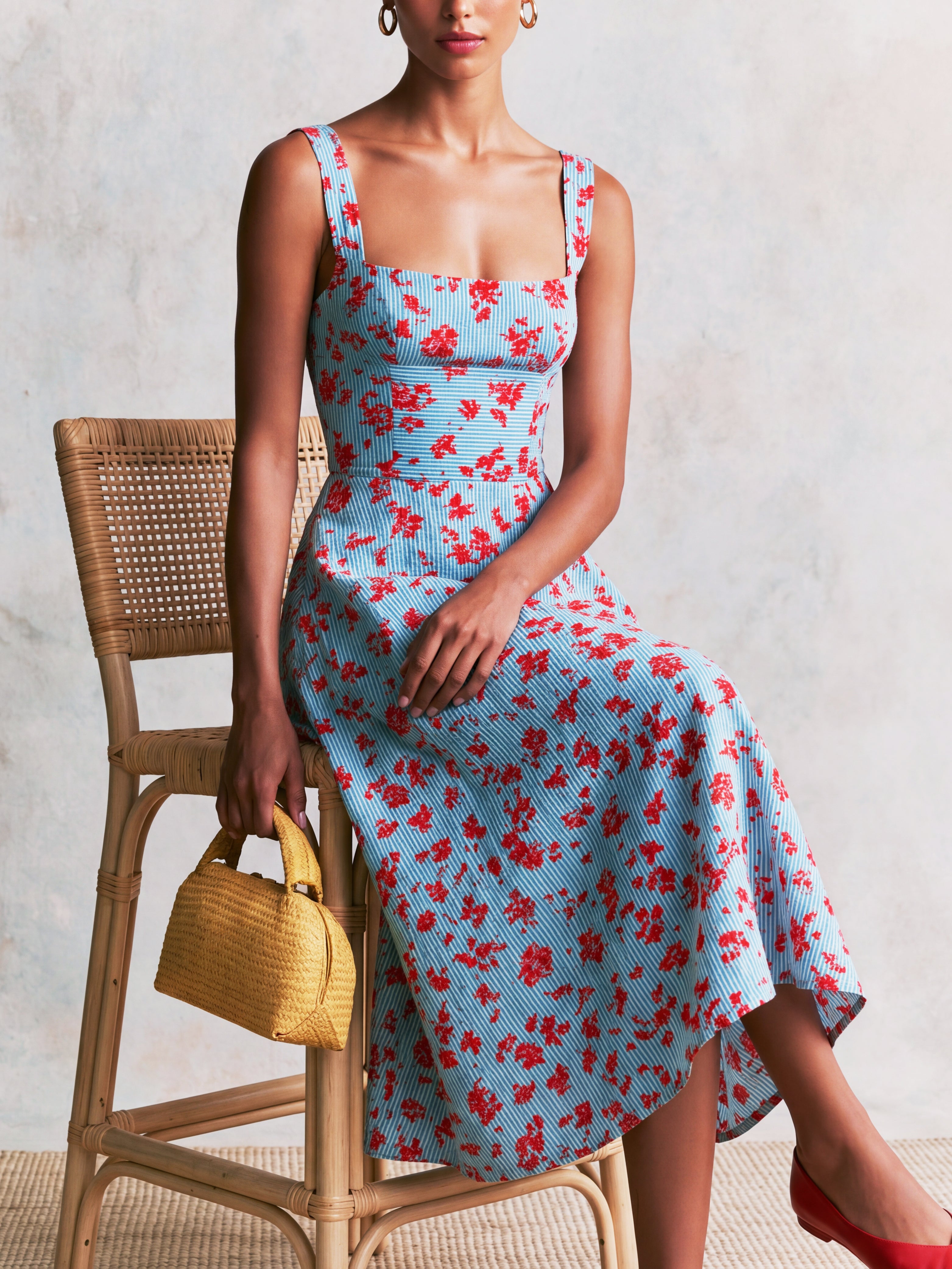 Liserie Sky Blue Square Neck Floral Stripe Midi Dress