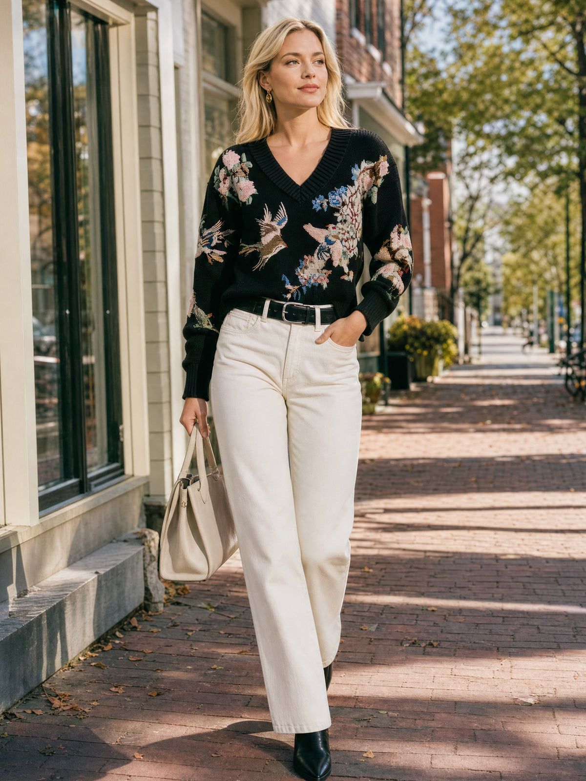 Black V‑Neck Bird‑Floral Knit Sweater