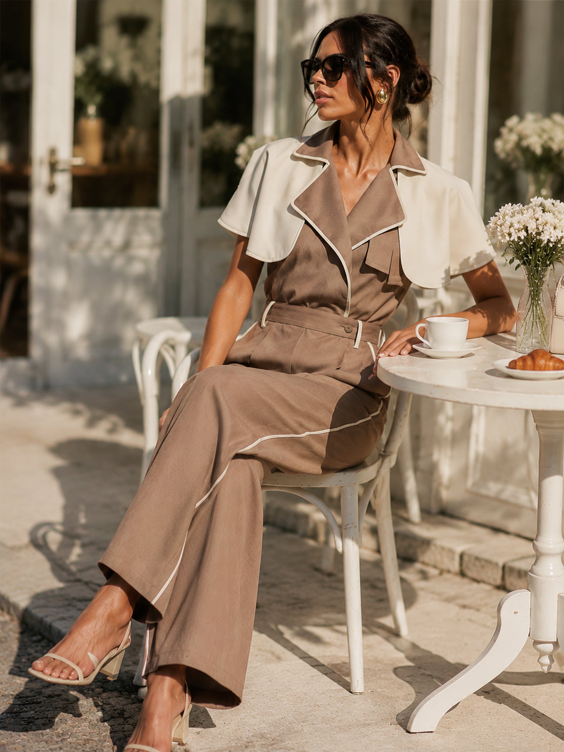 Elegant Contrast Cape Lapel Wide Leg Jumpsuit