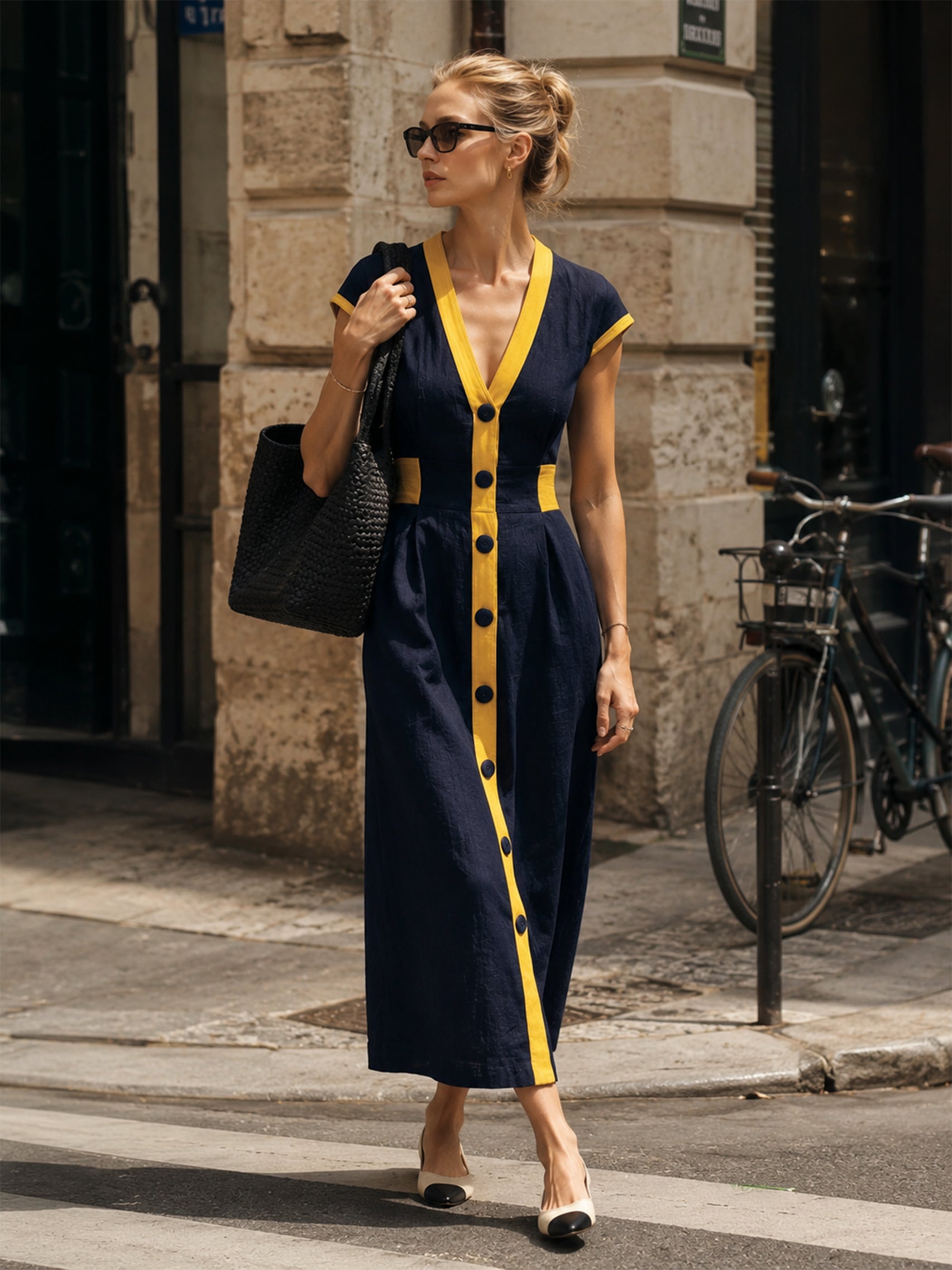 Liserie Linen Navy & Yellow Trim Midi Dress