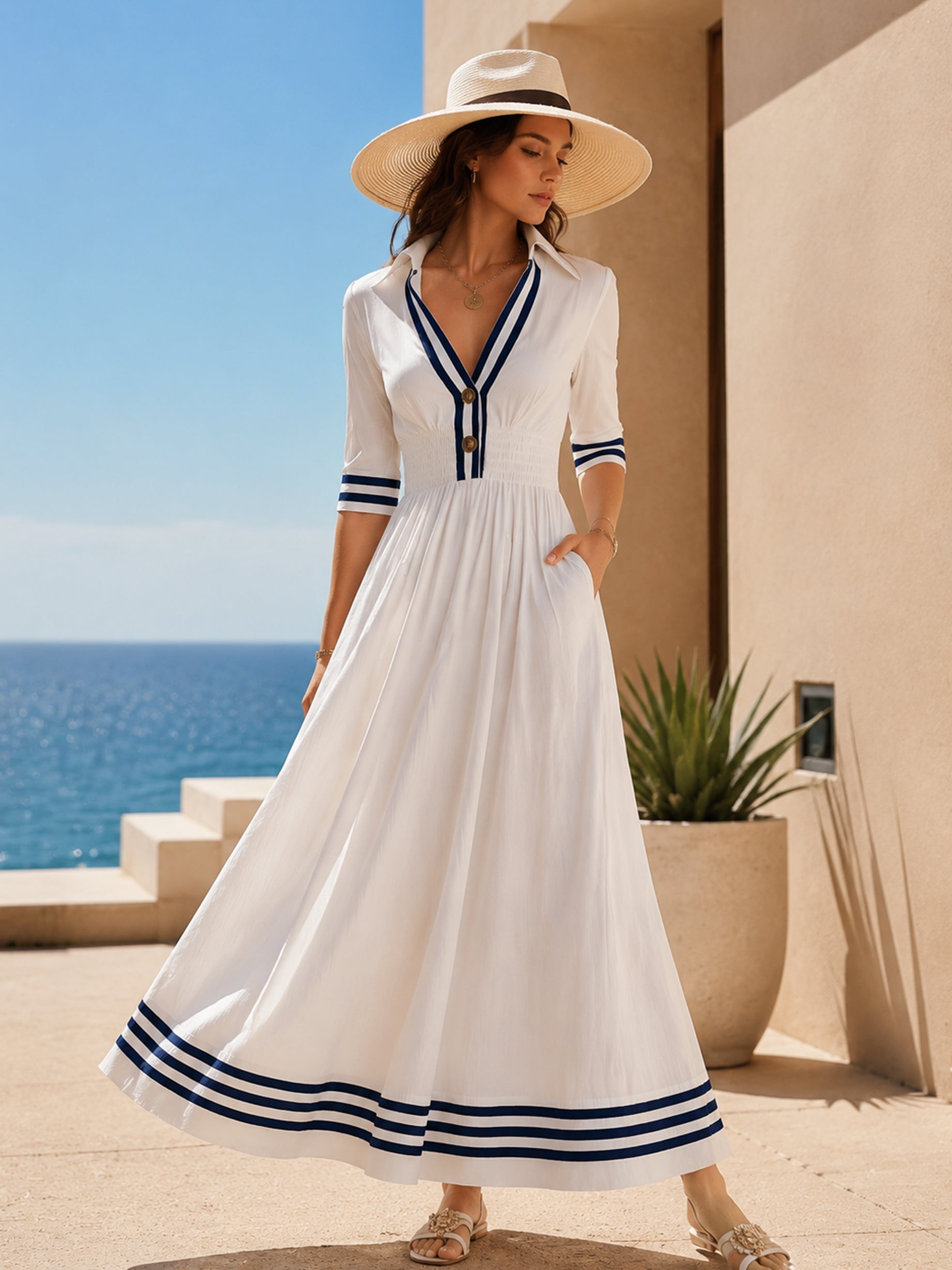 Elegant Cotton Mid-Length Sleeve Navy Striped Trims Flowing Maxi Dress