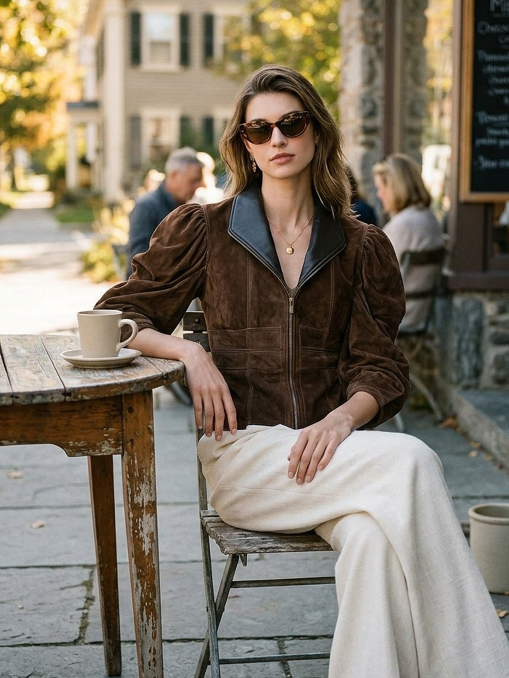 Suede Leather Lapel Zip‑Front Jacket